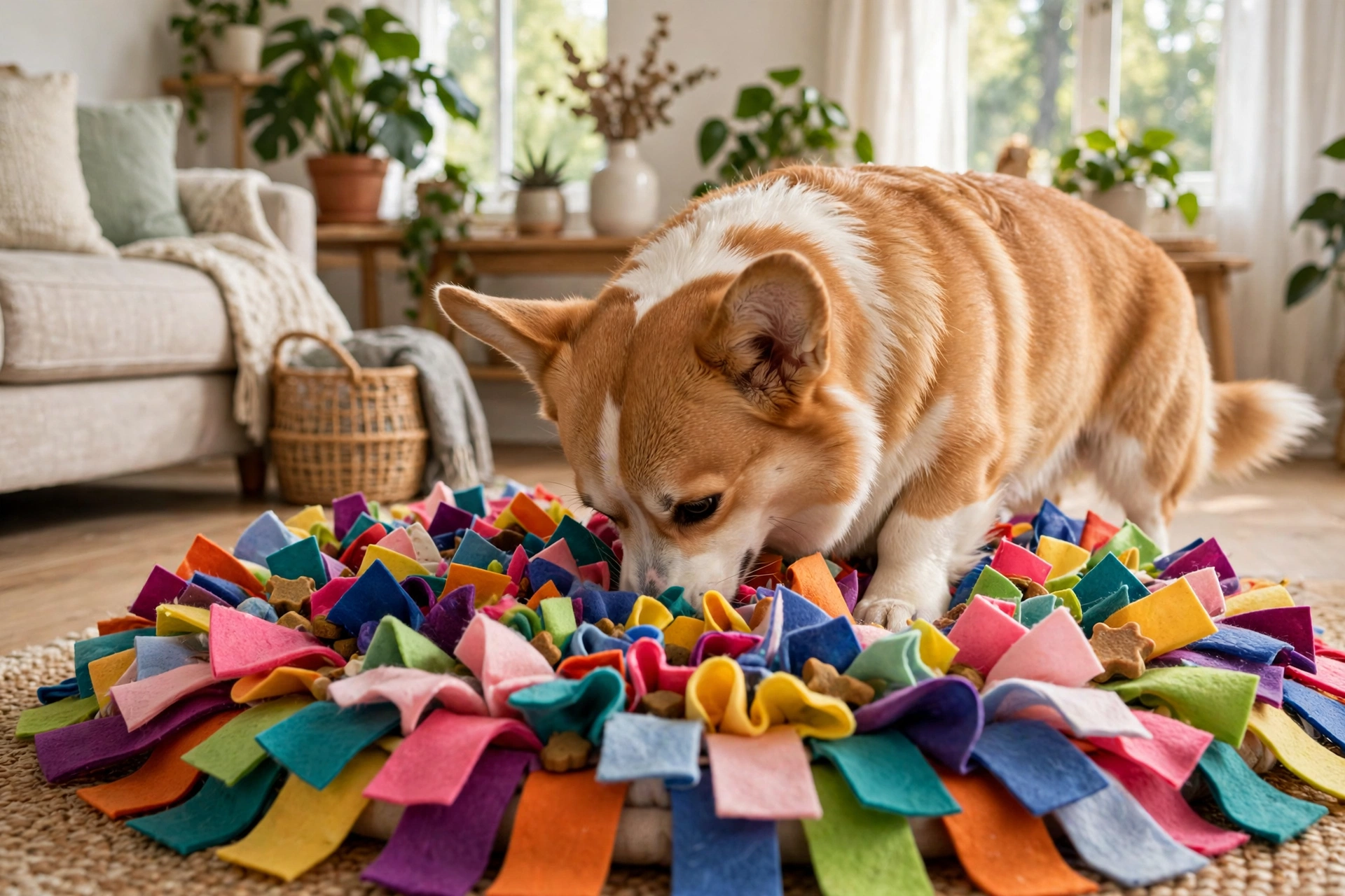 Corgi playing with a fabric snuffle mat, sniffing for treats in a bright living room