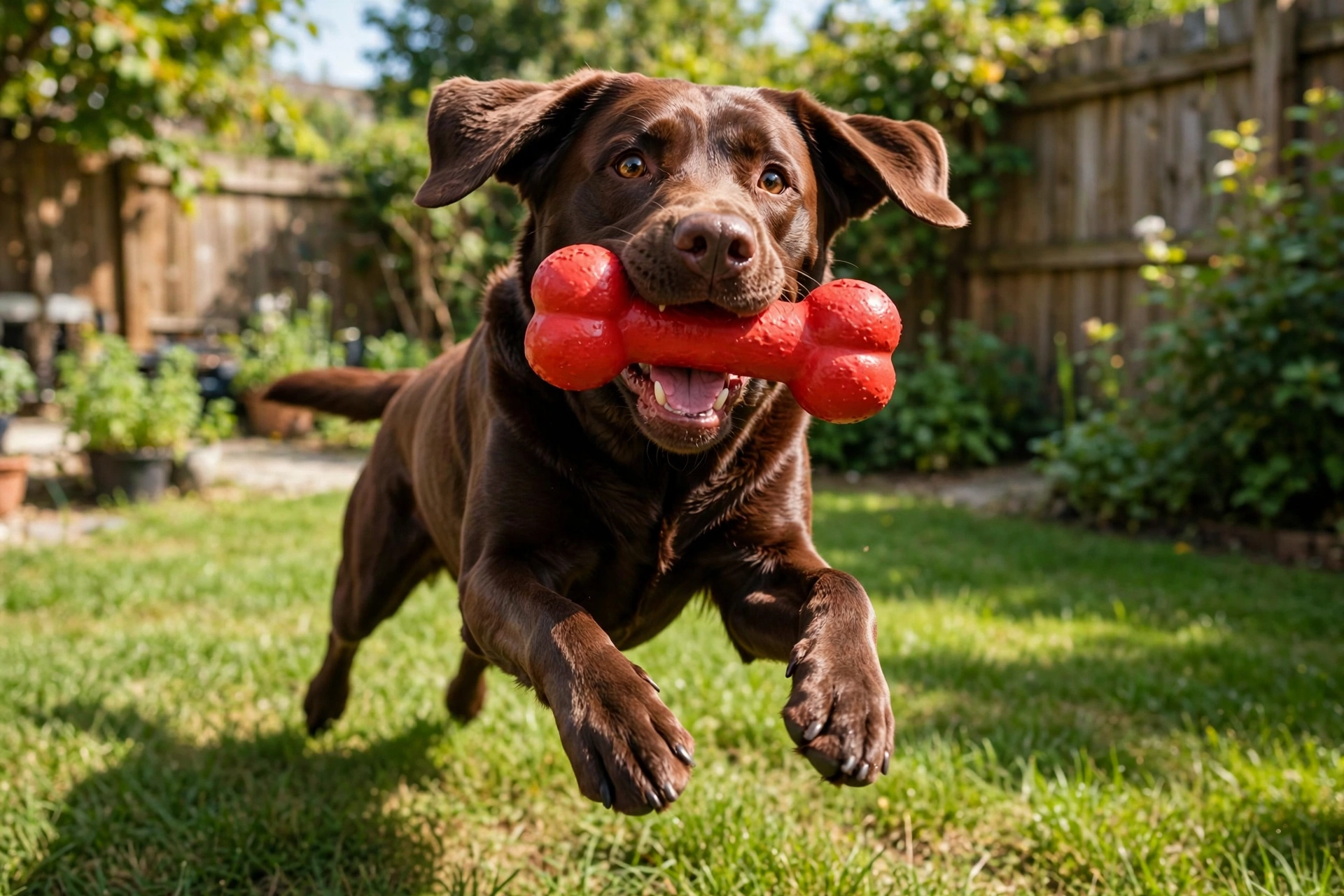 Chocolate labrador playing with a classic red rubber dog toy in a sunny backyard