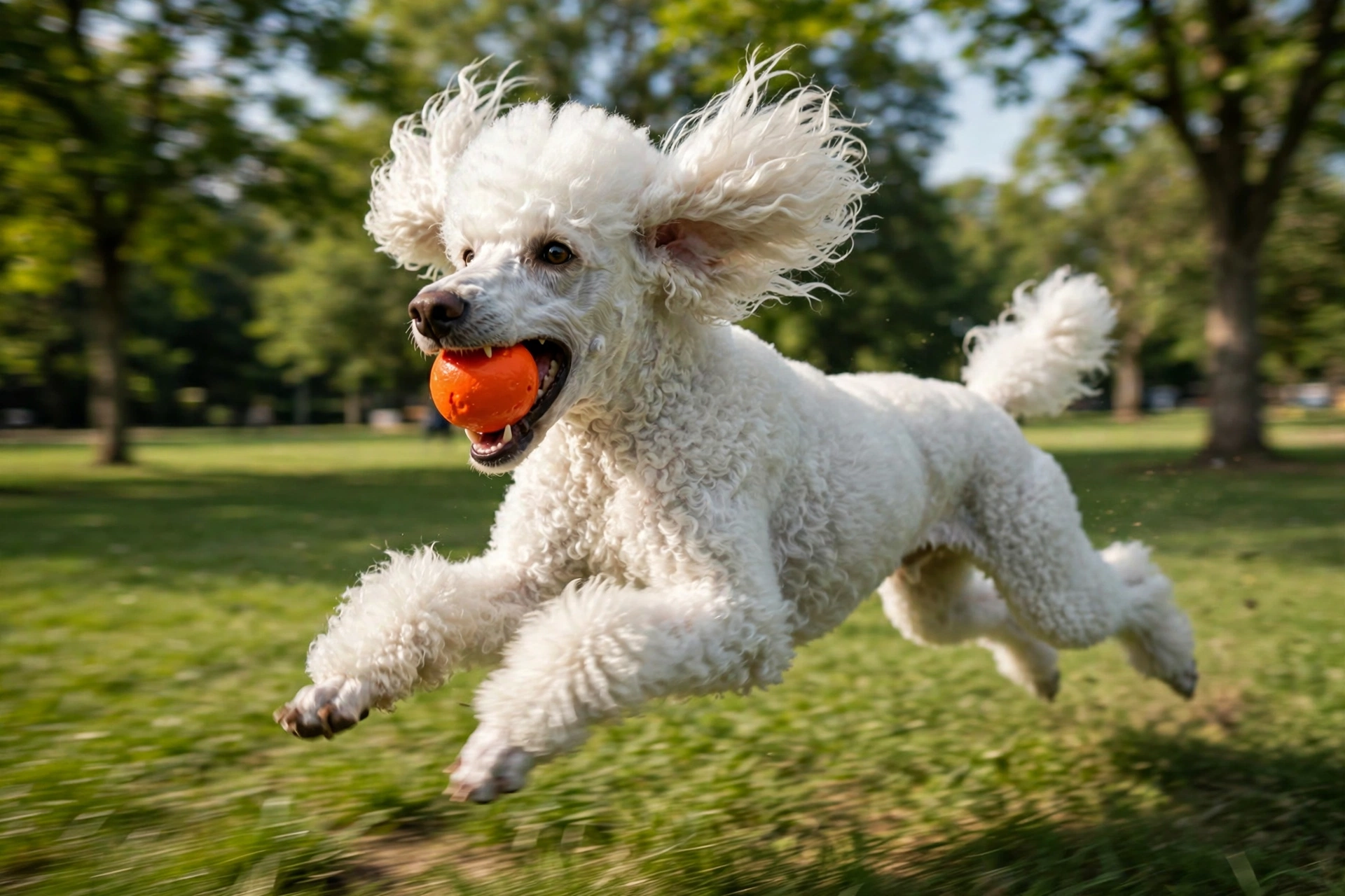 White poodle catching a bright orange rubber ball in a green park