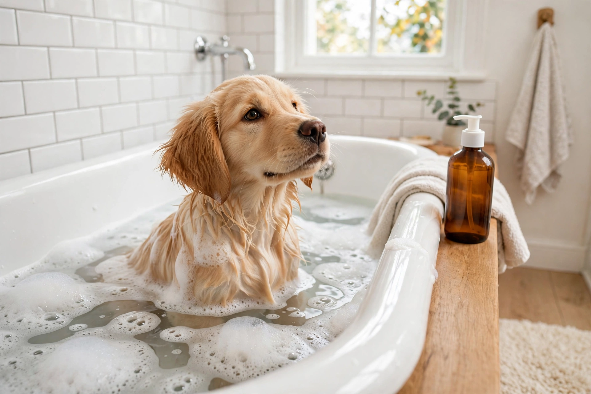 Golden retriever puppy being bathed with bubbles in a white bathtub with a shampoo bottle nearby