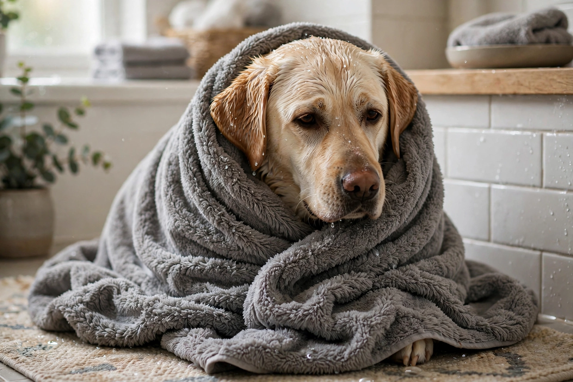 Wet labrador wrapped in a fluffy gray microfiber towel after a bath on a bathroom rug