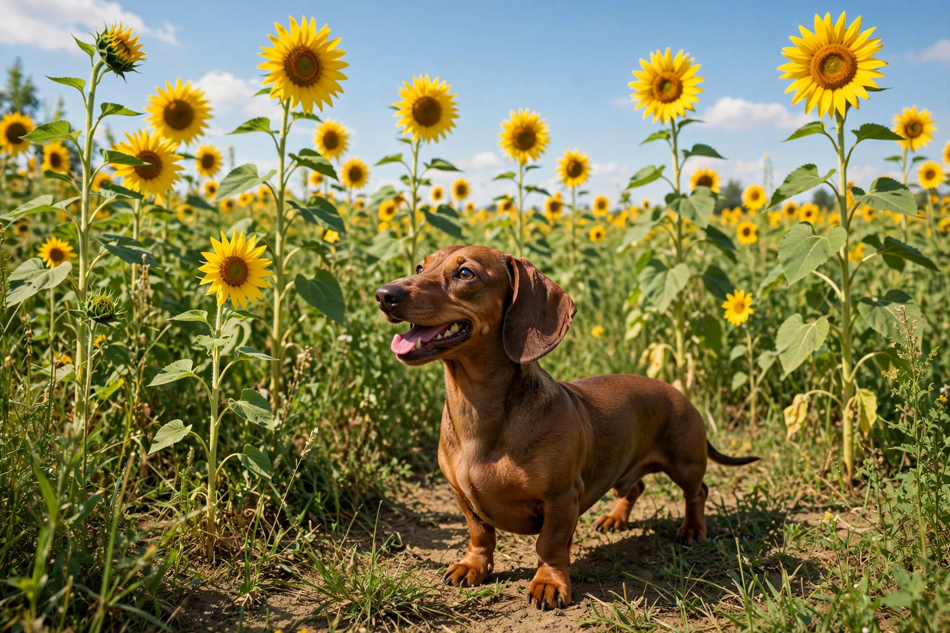 Dachshund standing in a field of tall bright sunflowers