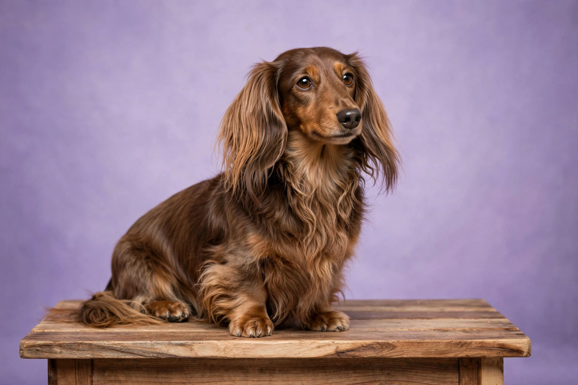 Long-haired dachshund studio portrait with a soft lavender backdrop