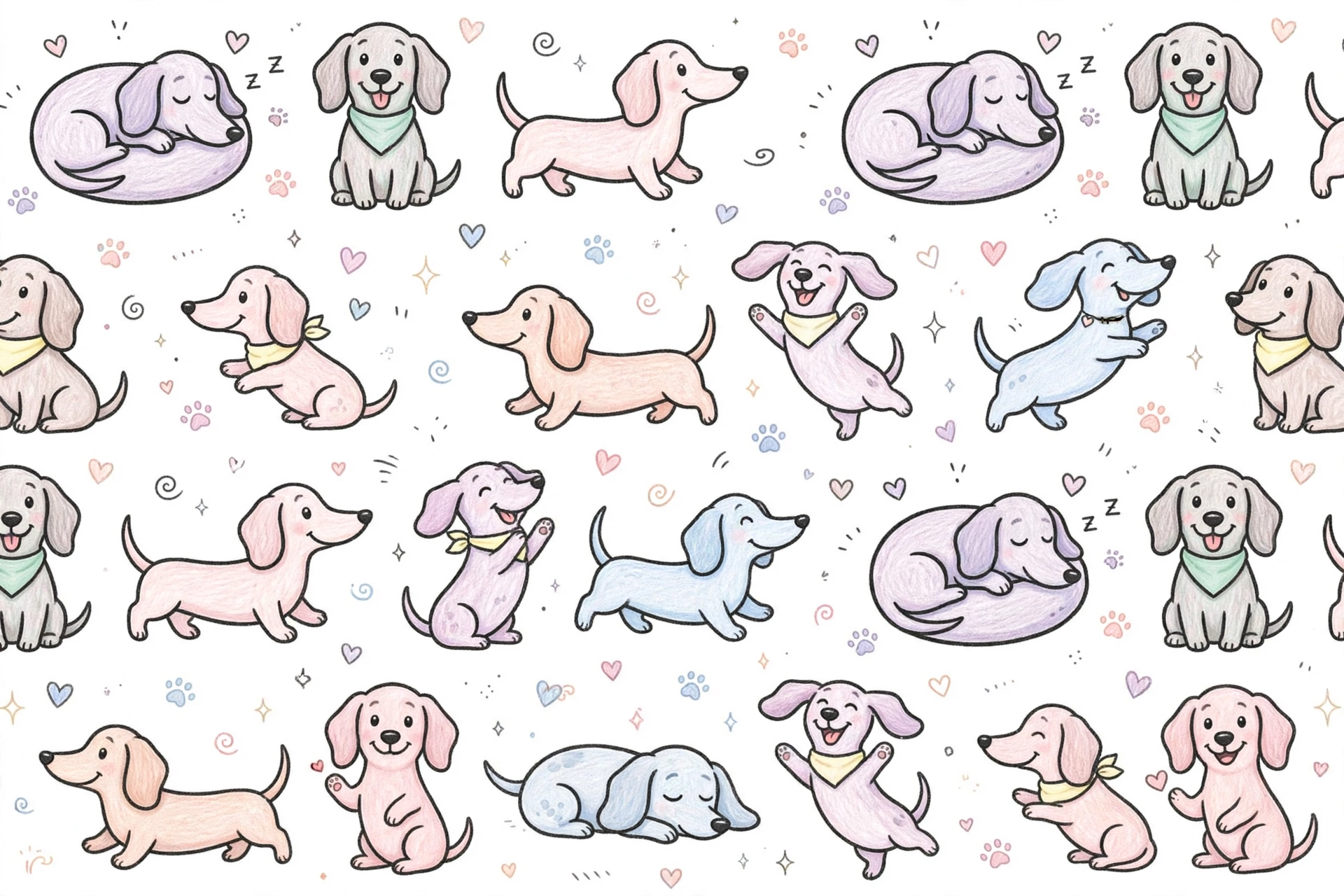 Playful repeating pattern of cute dachshund doodle illustrations