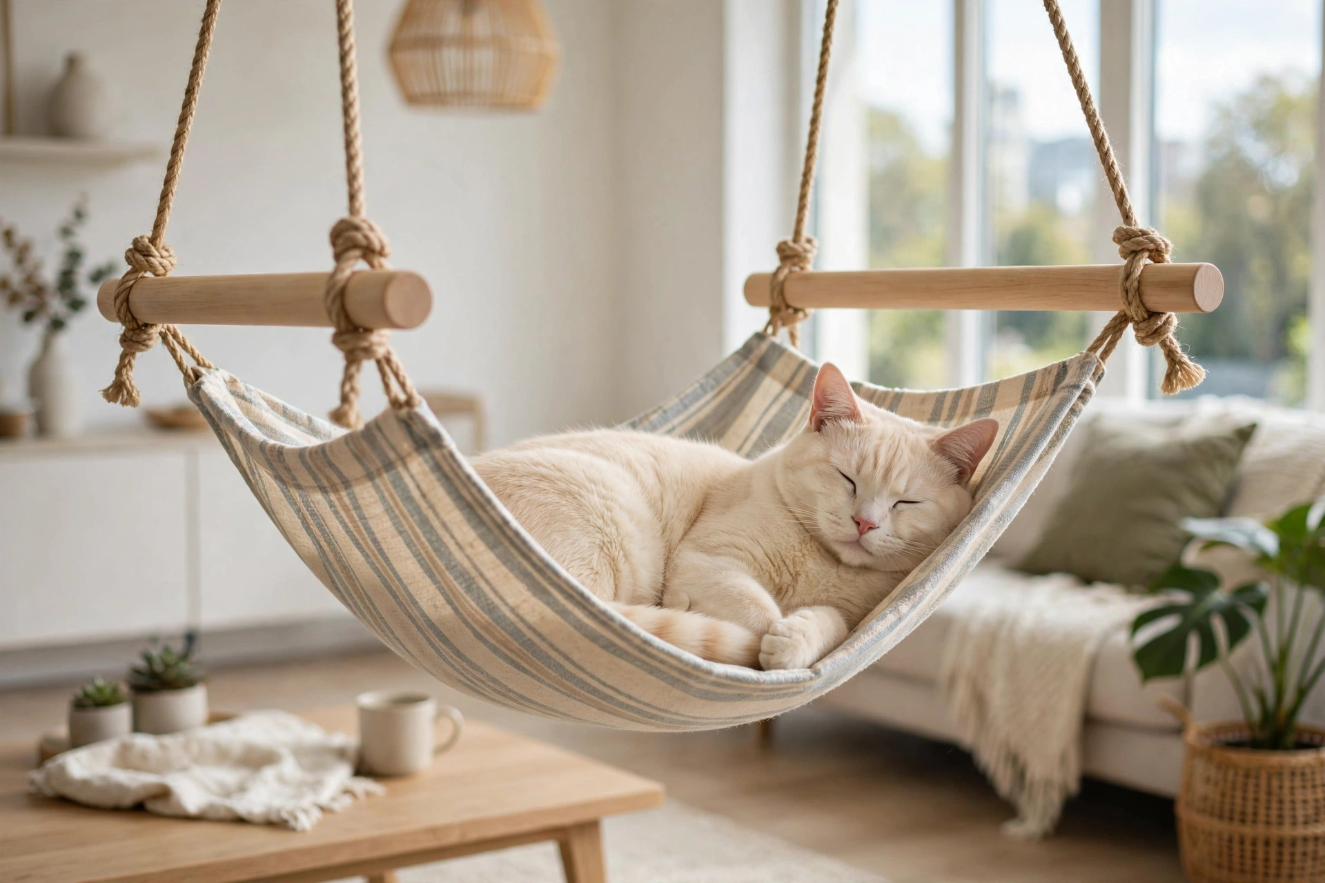 Wooden dowel DIY cat hammock with striped fabric sling and a cat lounging in it