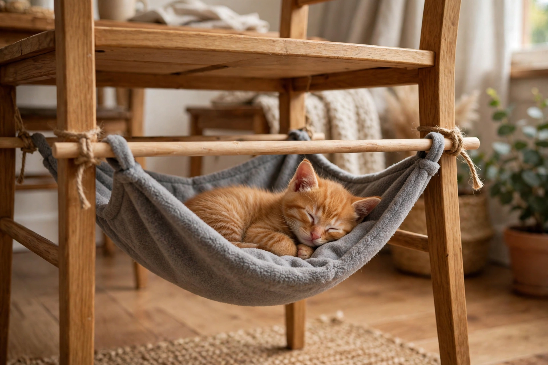 No-sew fleece pillowcase DIY cat hammock hanging under a chair with a kitten napping