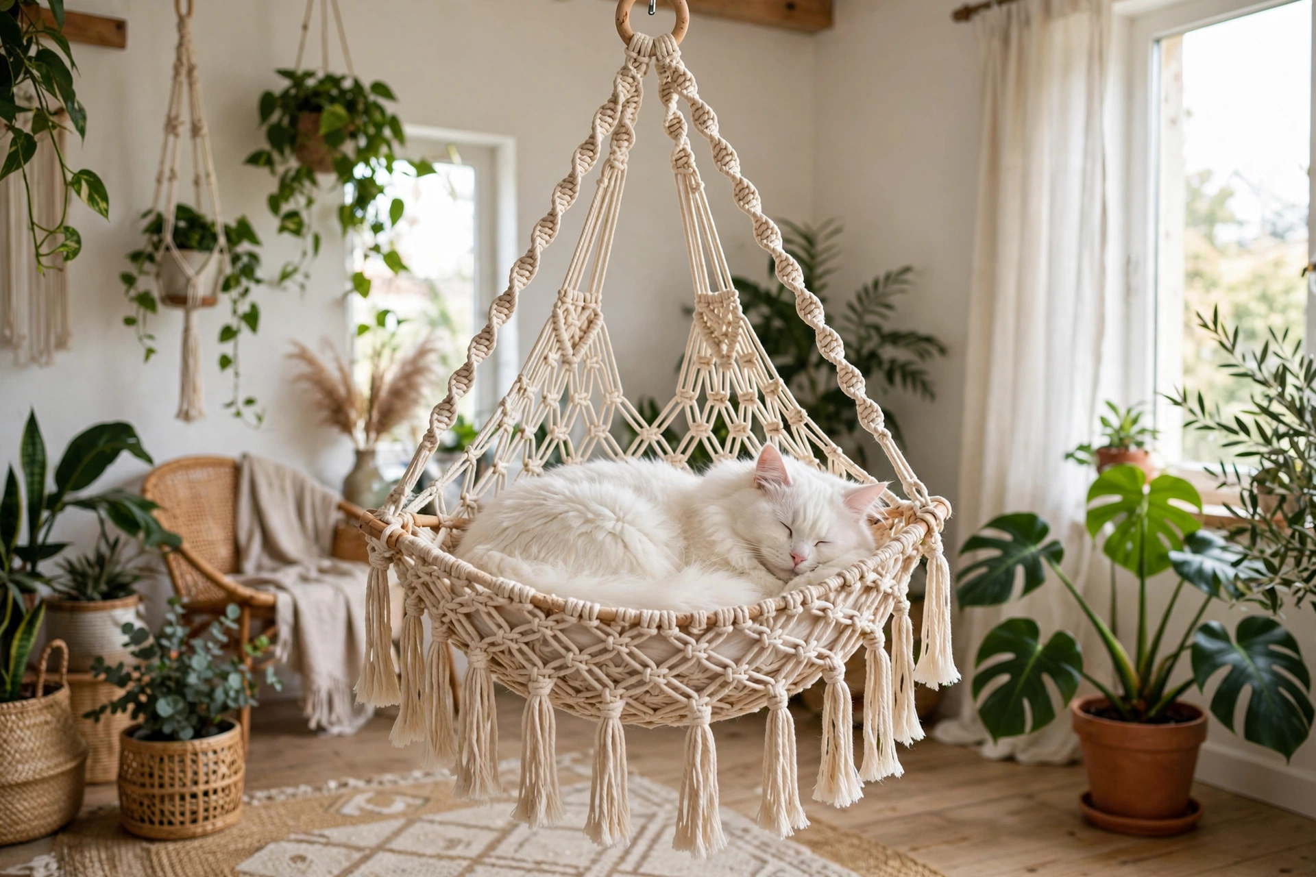 Boho macrame hanging DIY cat hammock with tasseled fringe and a cat curled inside