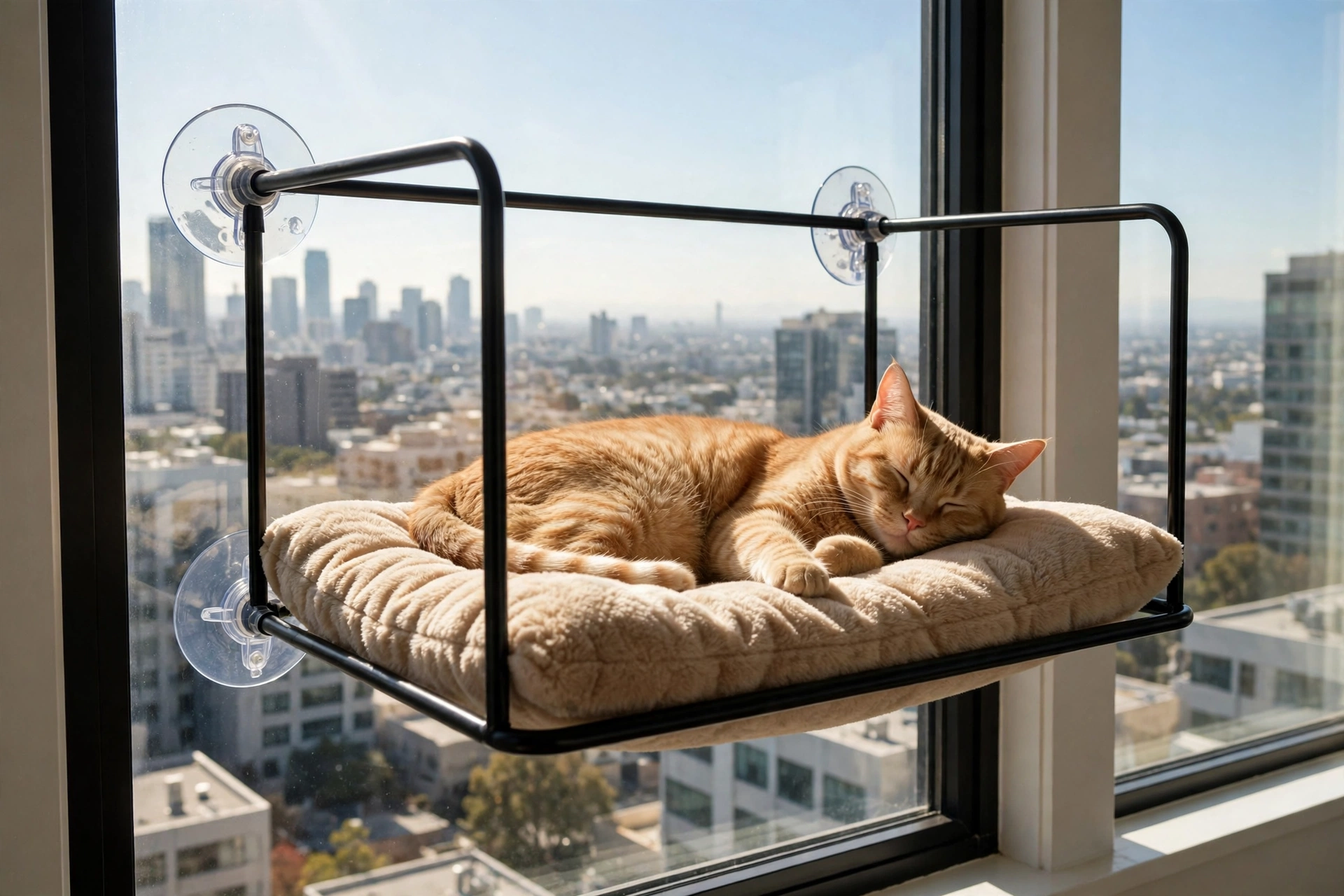 Window-mounted DIY cat hammock with suction cups and a cat sunbathing
