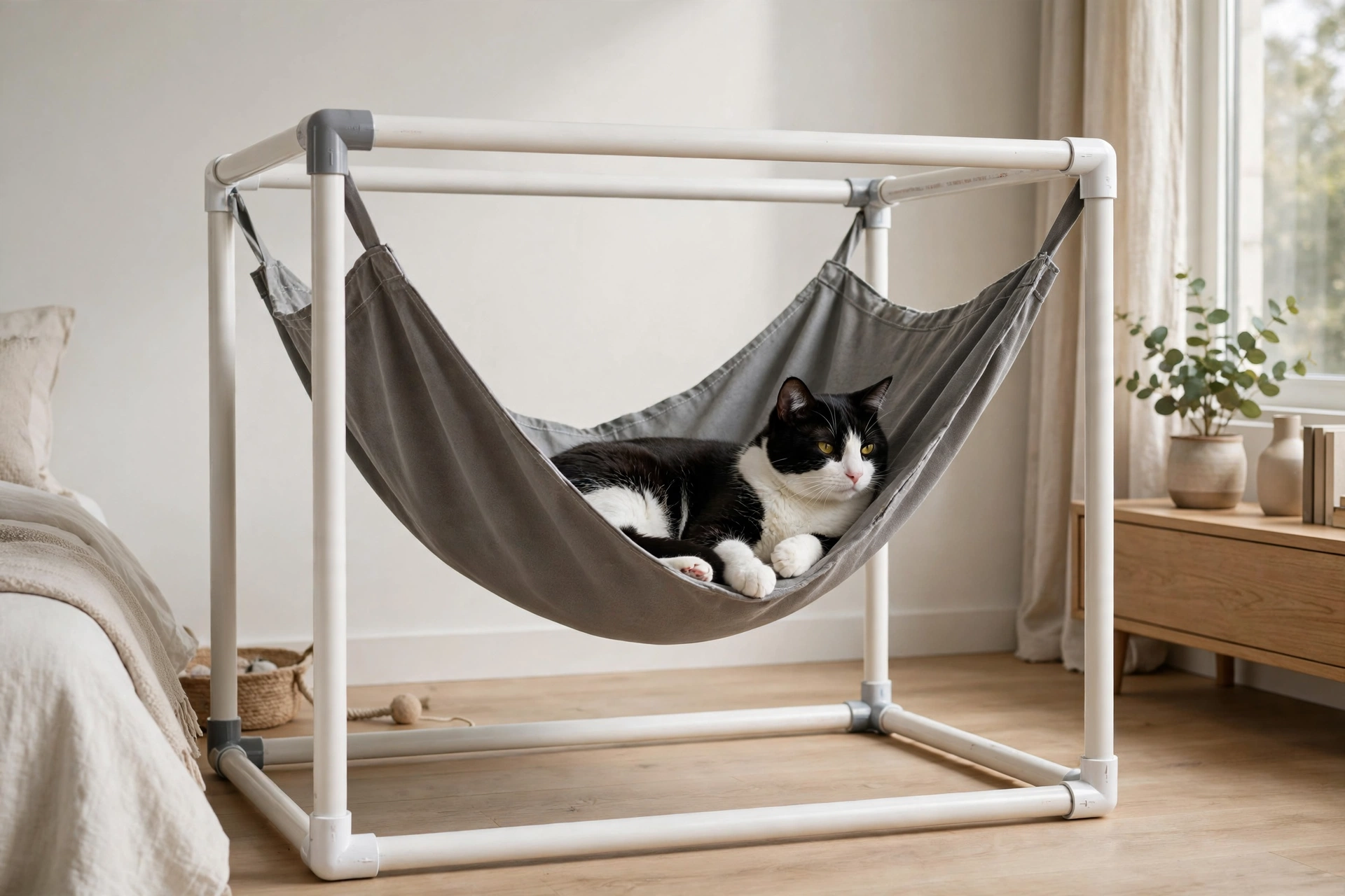 DIY PVC pipe stand cat hammock with fabric sling and a cat lounging