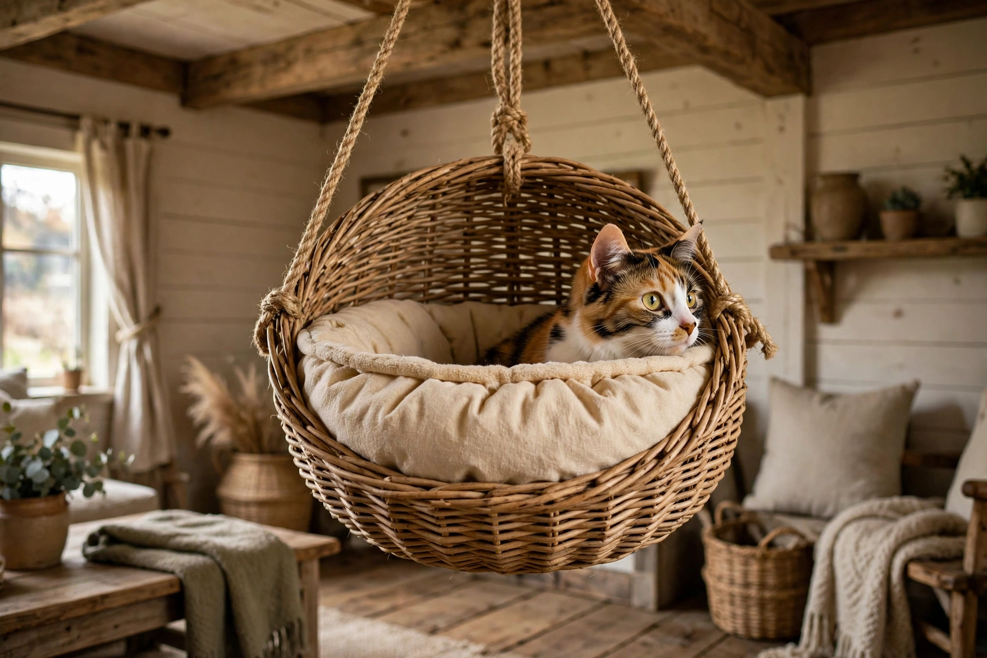 Hanging wicker basket DIY cat hammock suspended by rope with a cat inside