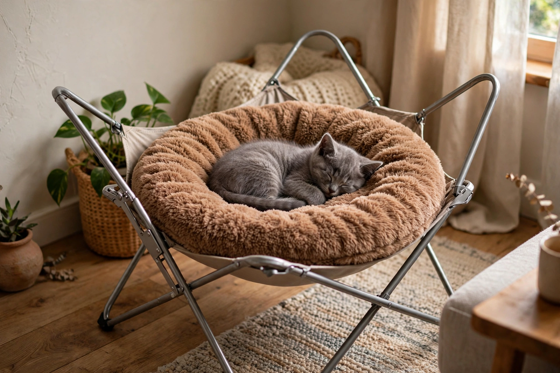 Portable folding chair-style DIY cat hammock with fuzzy cushion and a kitten asleep