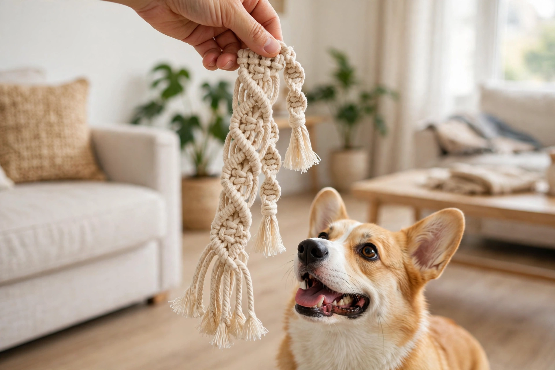 Handmade macrame-style knotted dog tug toy held above a happy corgi