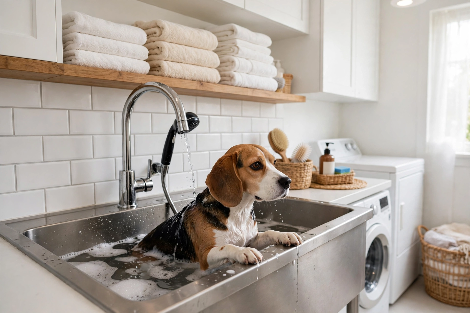 Laundry room utility sink converted into a dog bathing station with handheld sprayer