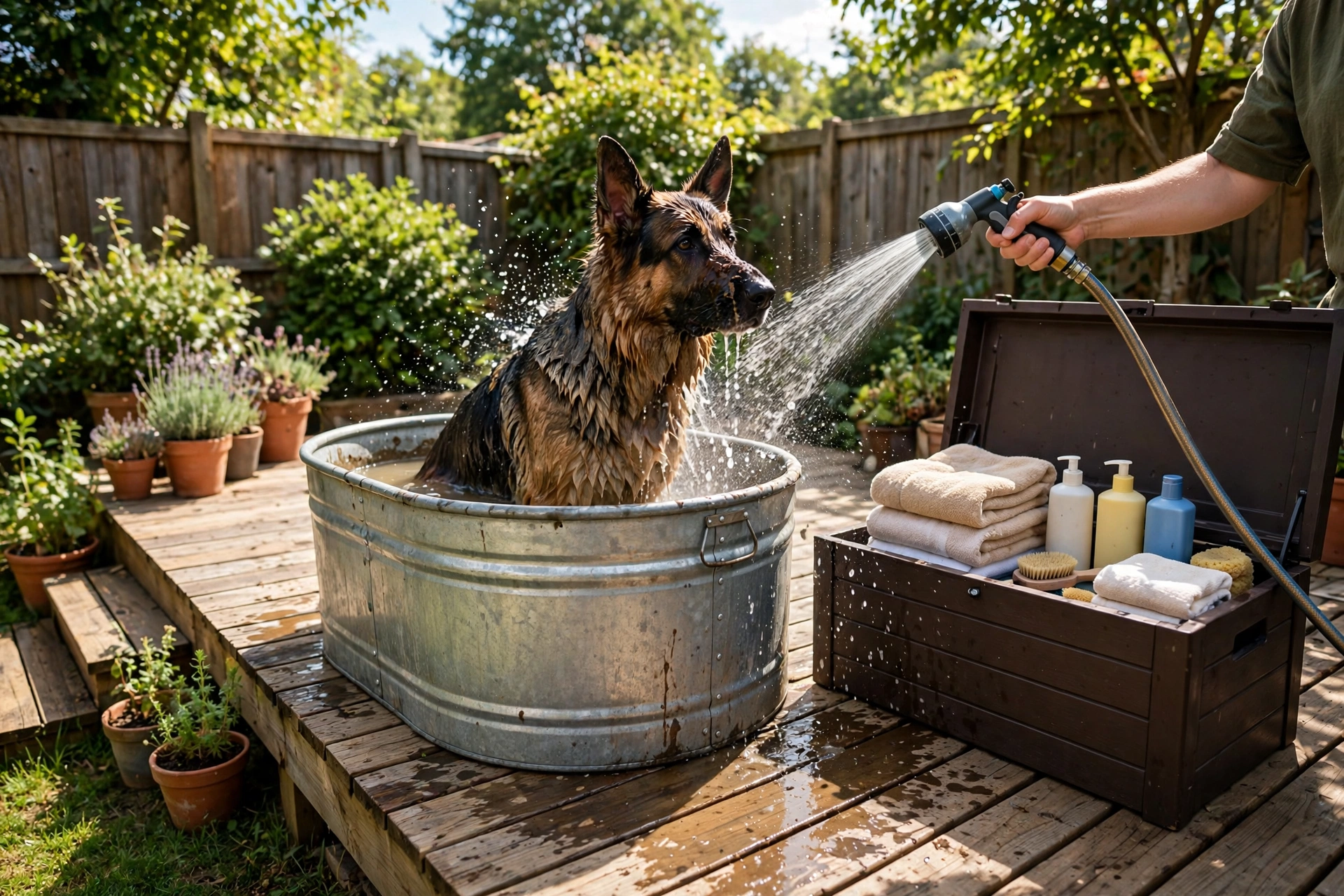 Outdoor backyard DIY dog wash station with stock tank tub and garden hose sprayer
