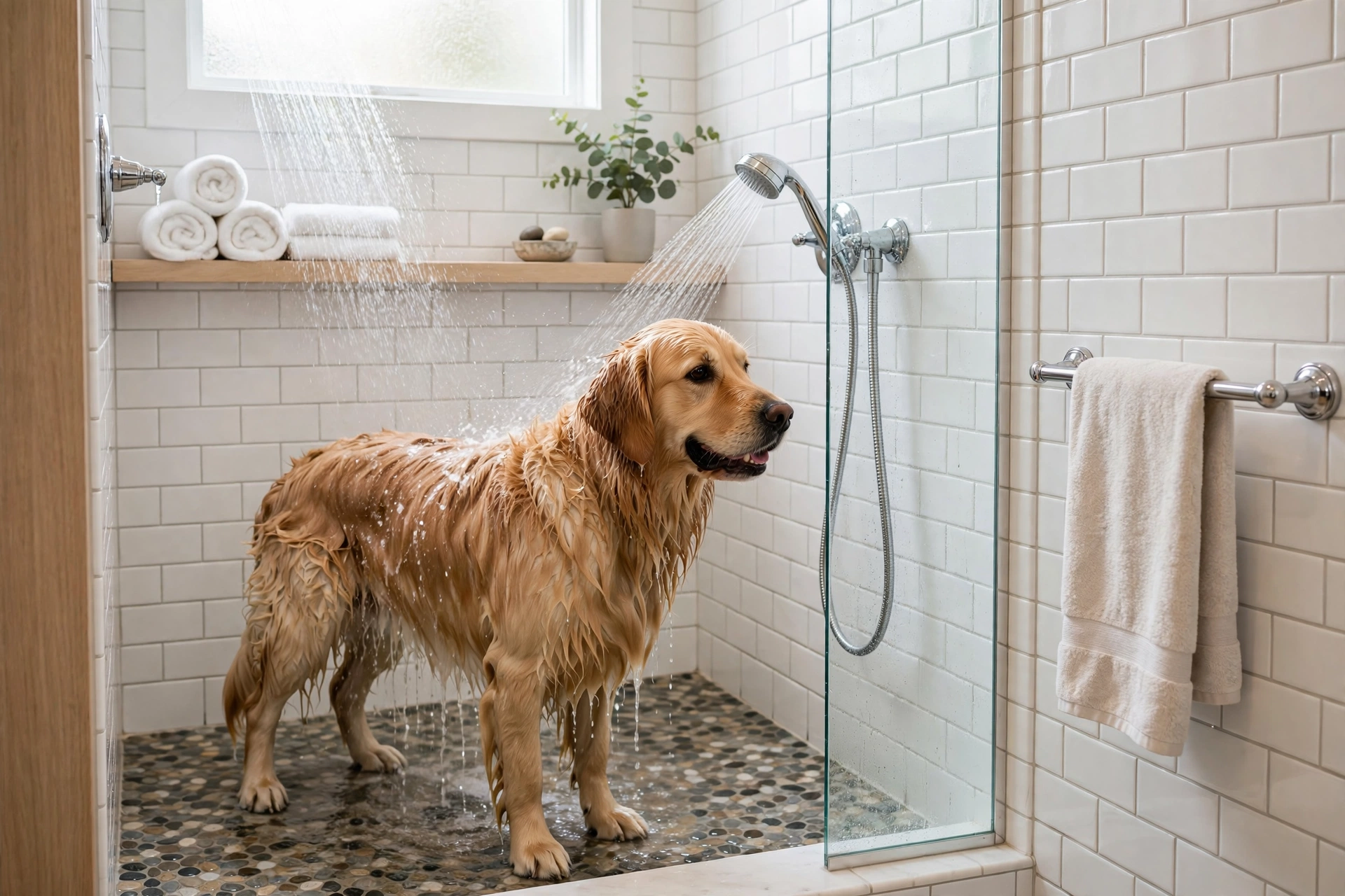 Walk-in shower converted into a dog wash corner with pebble tile floor and handheld sprayer