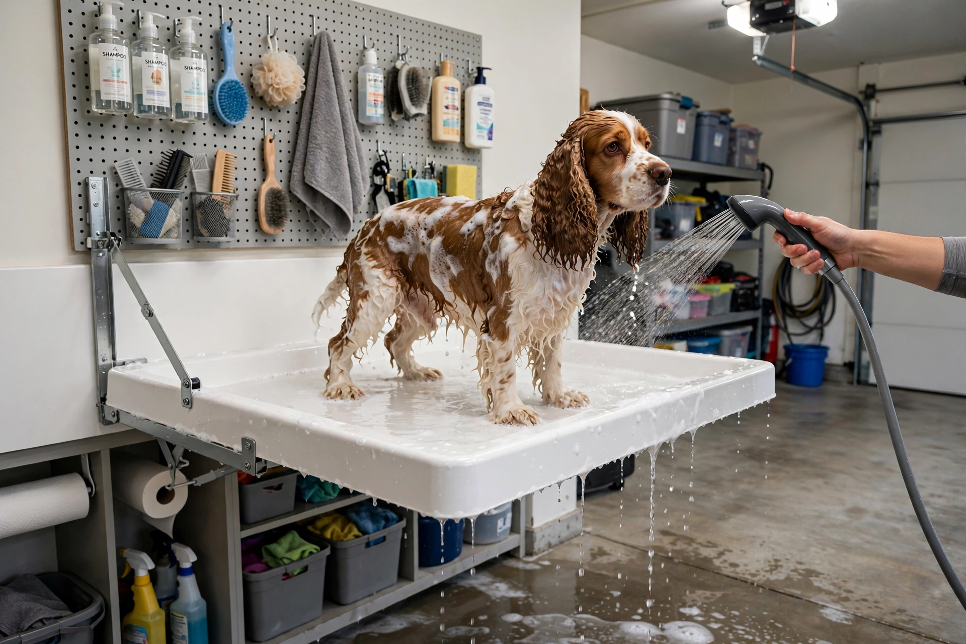 Foldable elevated dog bath tub station with drain hose in a garage
