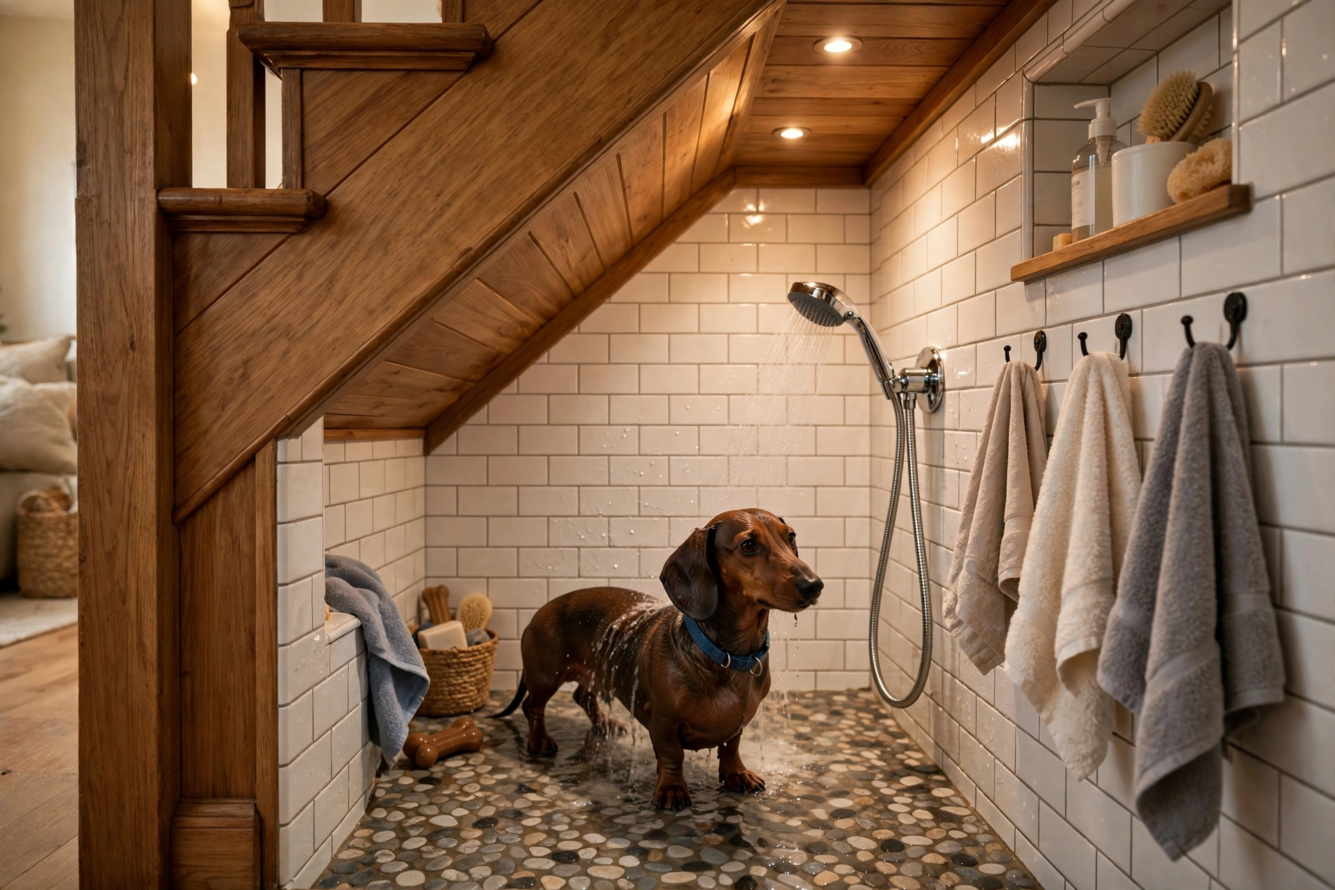 Under-stairs dog wash nook with compact shower and pebble tile floor