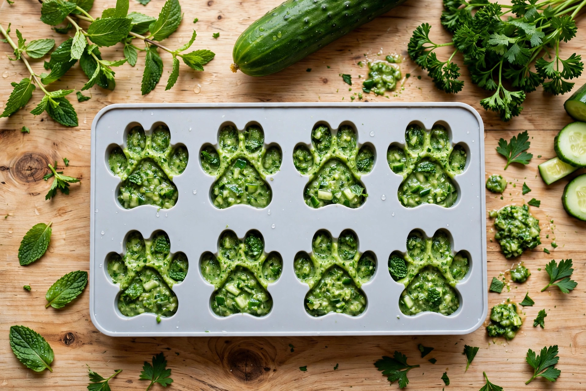 Silicone paw-shaped molds filled with green mint and cucumber mixture for DIY dog breath mints
