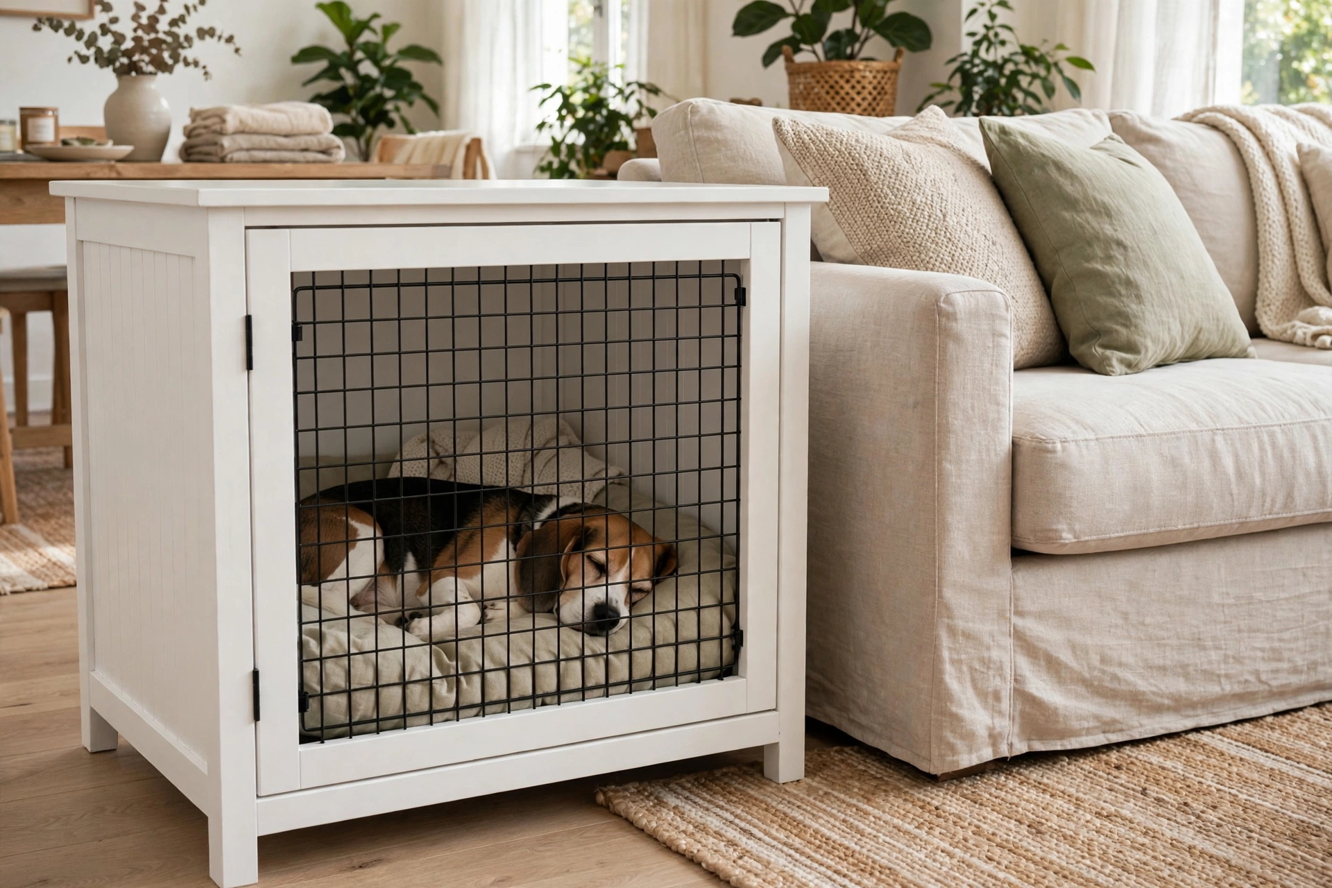 White shaker-style farmhouse end table converted into a dog kennel with a beagle inside