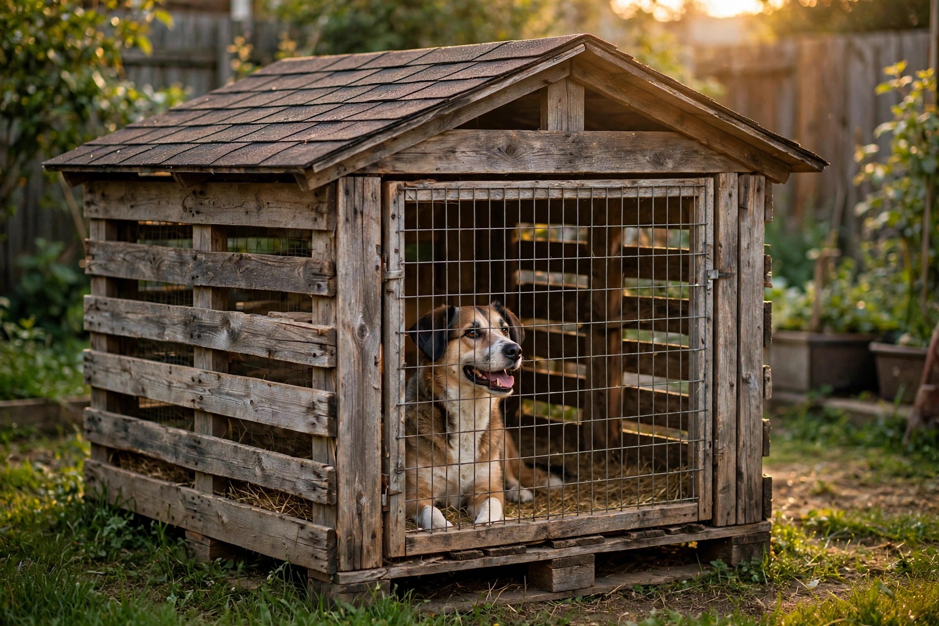 Rustic pallet-wood outdoor dog kennel with a pitched roof and wire mesh front