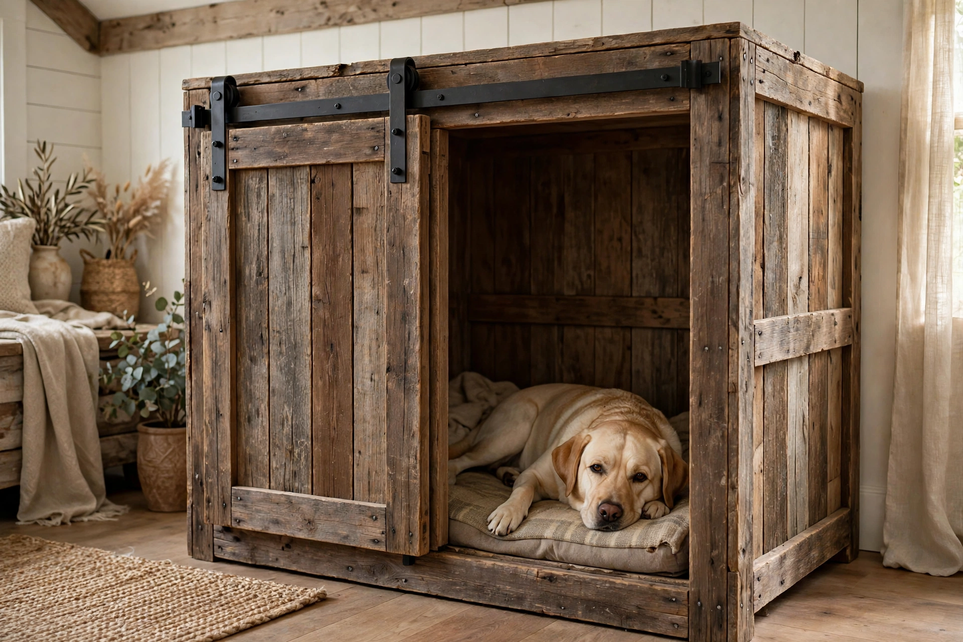 Reclaimed-wood dog kennel cabinet with a sliding barn door half open