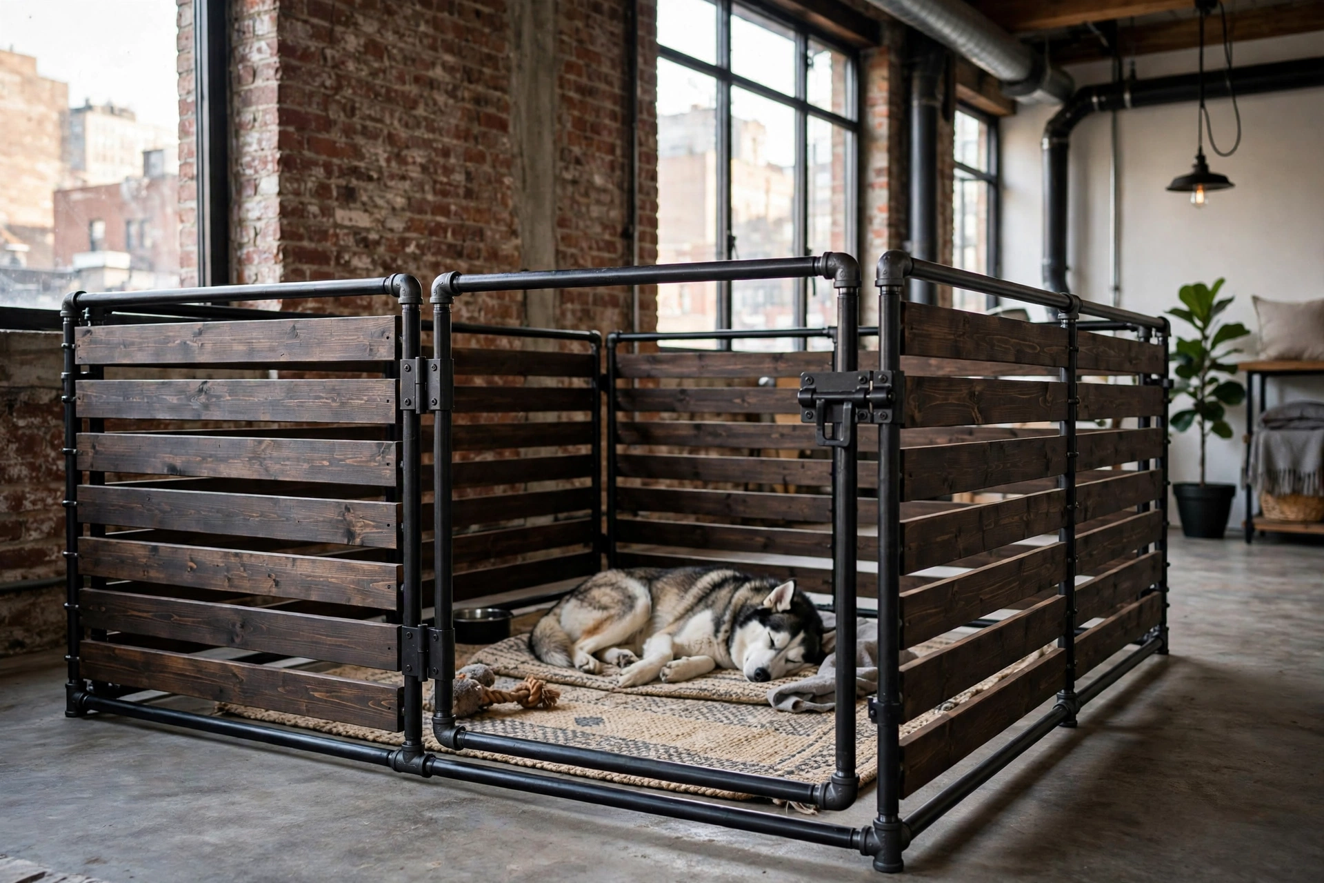 Industrial DIY dog pen made from black iron pipes and stained wood boards