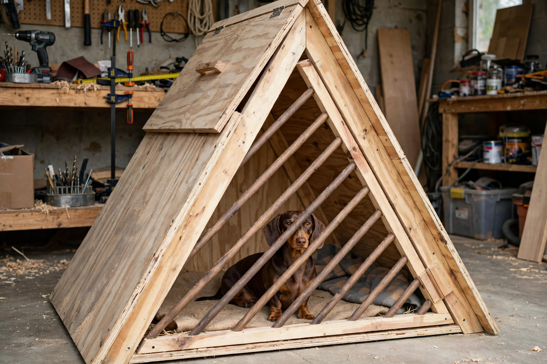 Handmade A-frame plywood dog kennel with diagonal dowel front gate