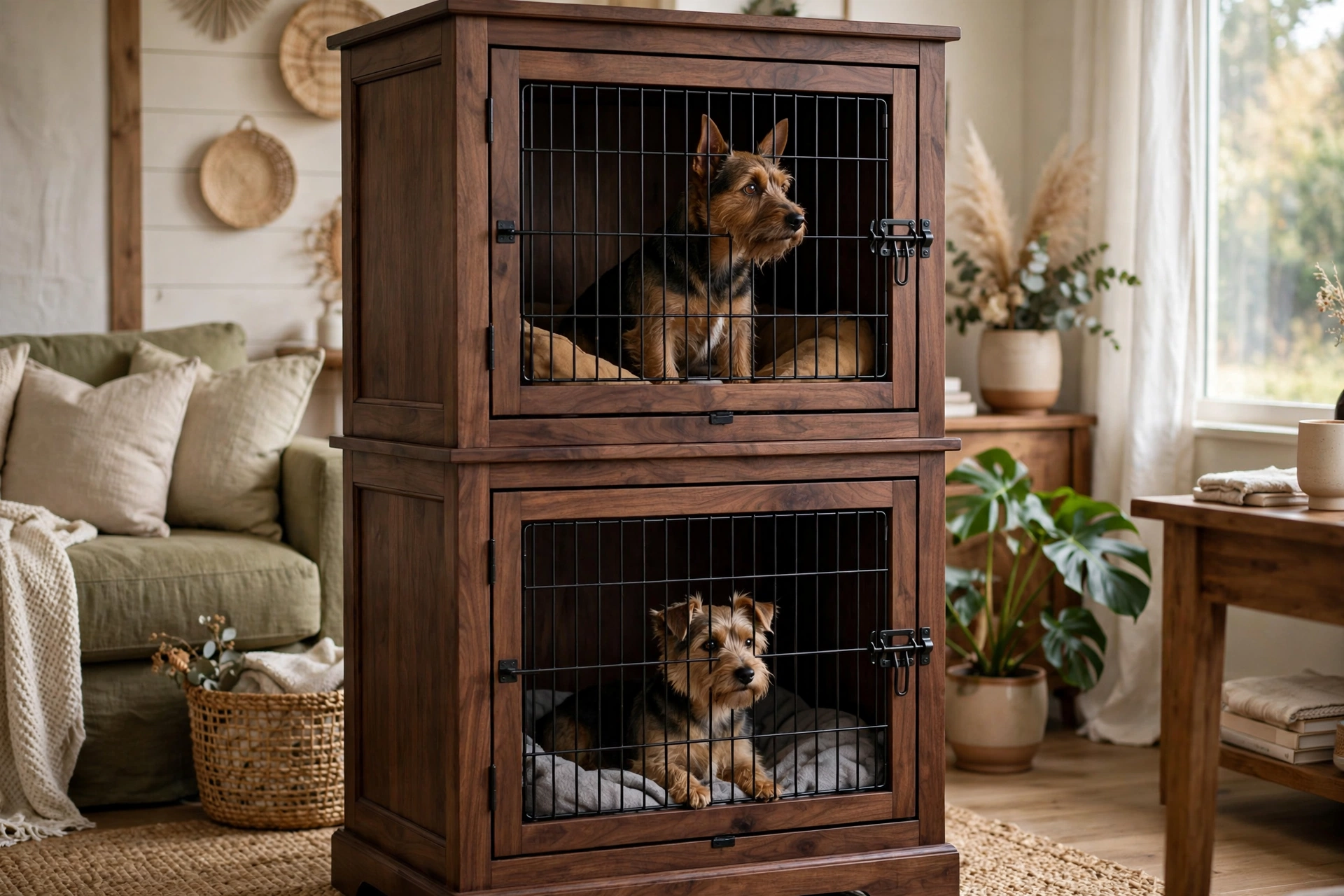 Tall wooden double dog crate dresser with two black metal-bar doors