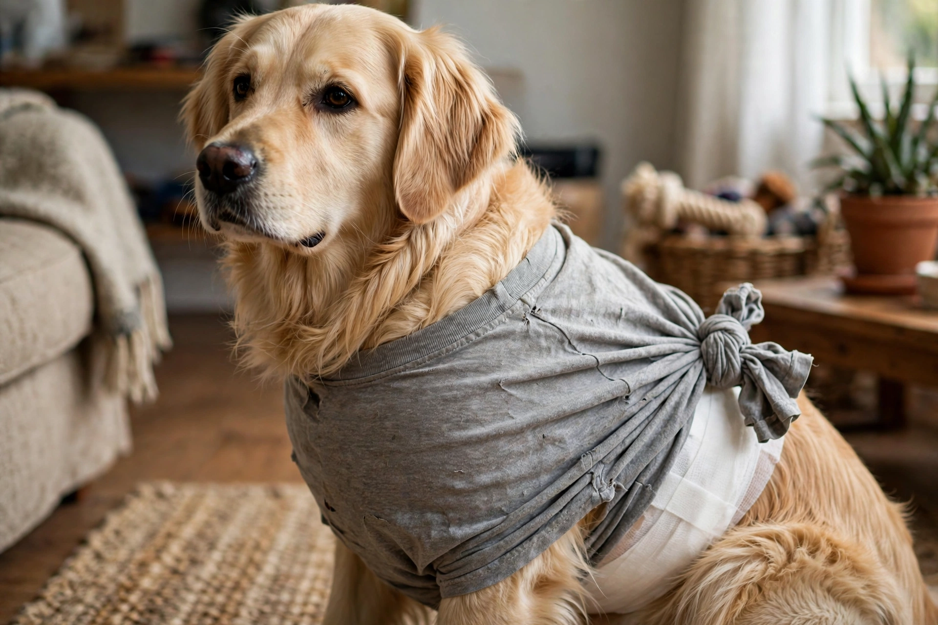 Golden retriever wearing a homemade recovery suit made from a gray T-shirt