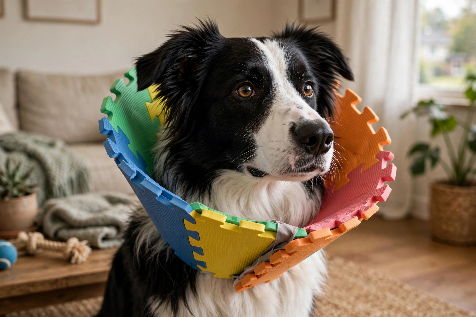 Border collie wearing a homemade soft recovery cone made from a foam play mat