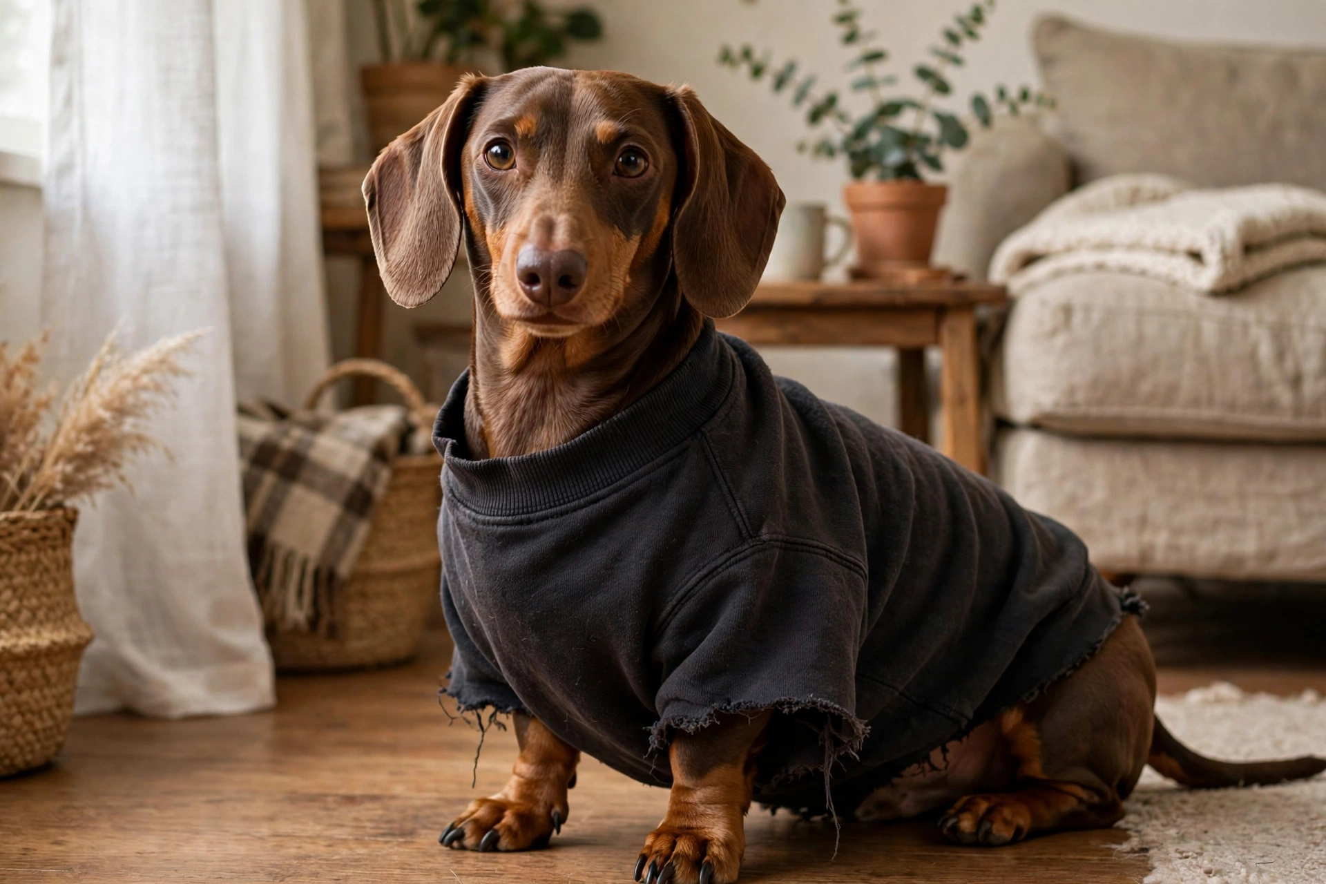 Dachshund wearing a homemade no-sew fleece body tube over its torso