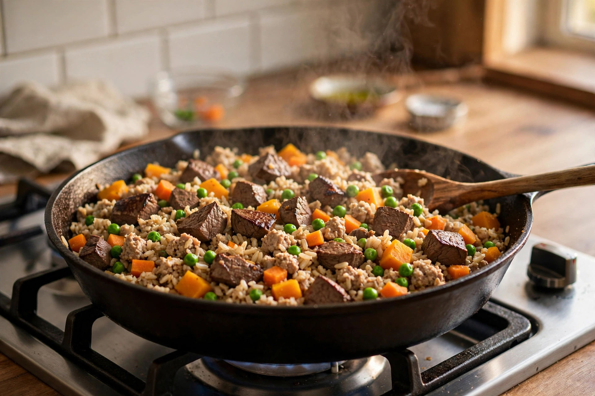Freshly cooked beef liver dog food with ground turkey, brown rice, and vegetables in a skillet