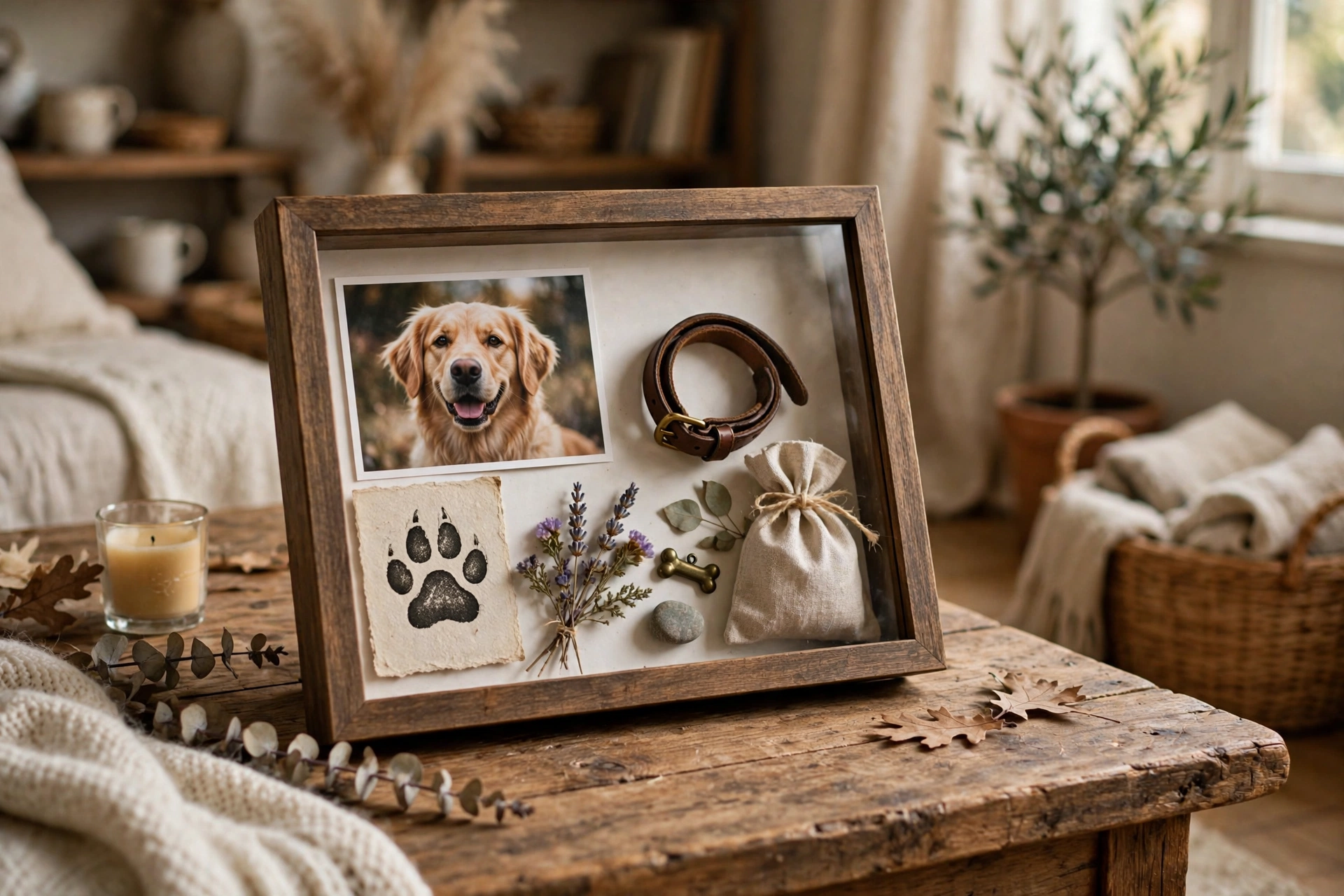 Shadow box memory frame with dog photo, paw print card, and keepsakes