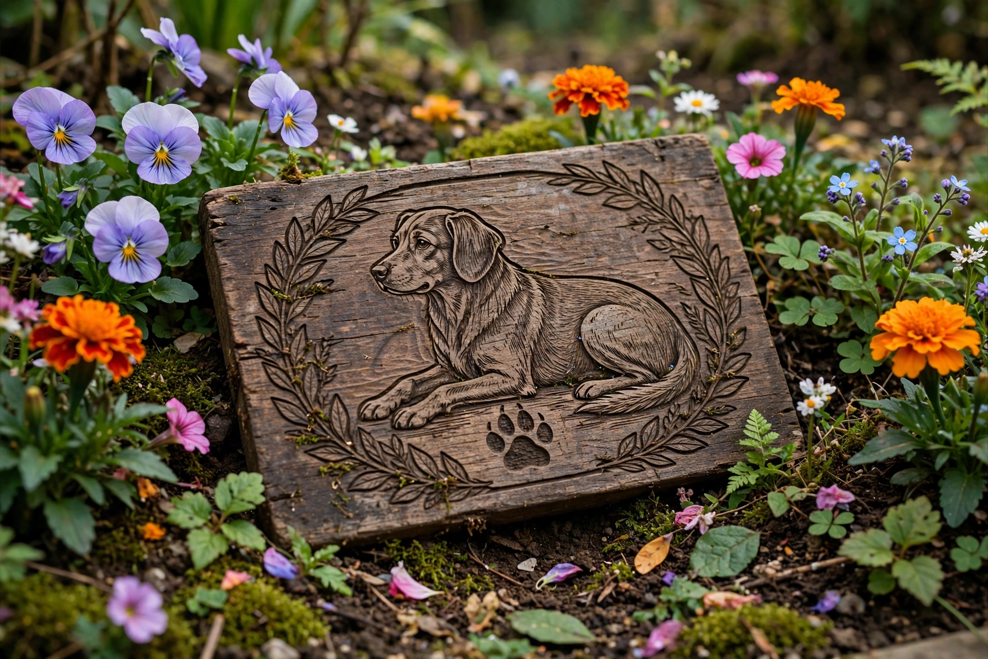 Engraved wooden memorial plaque for a dog in a garden