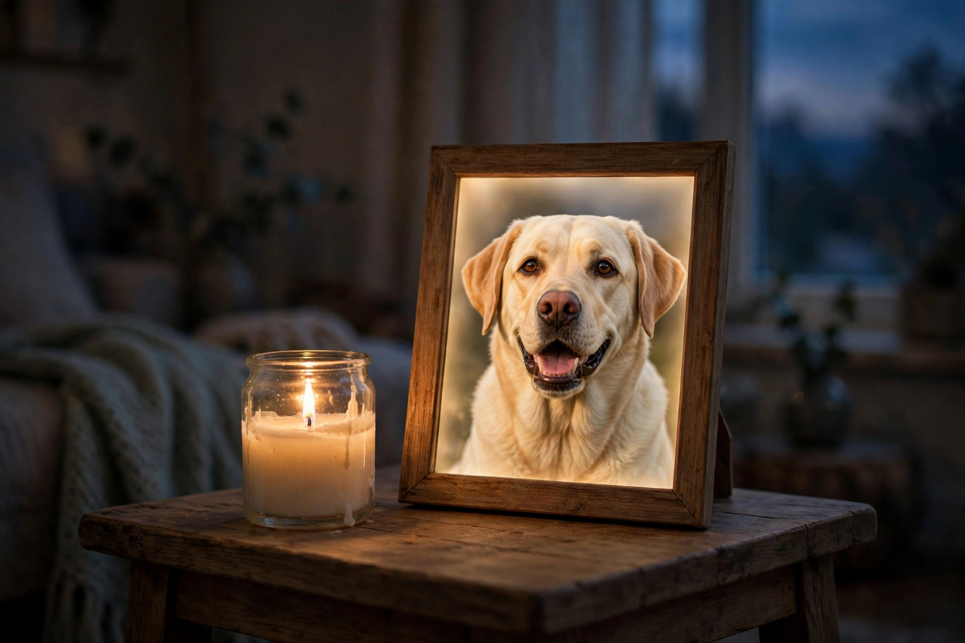 Lit memorial candle beside a framed photo of a labrador