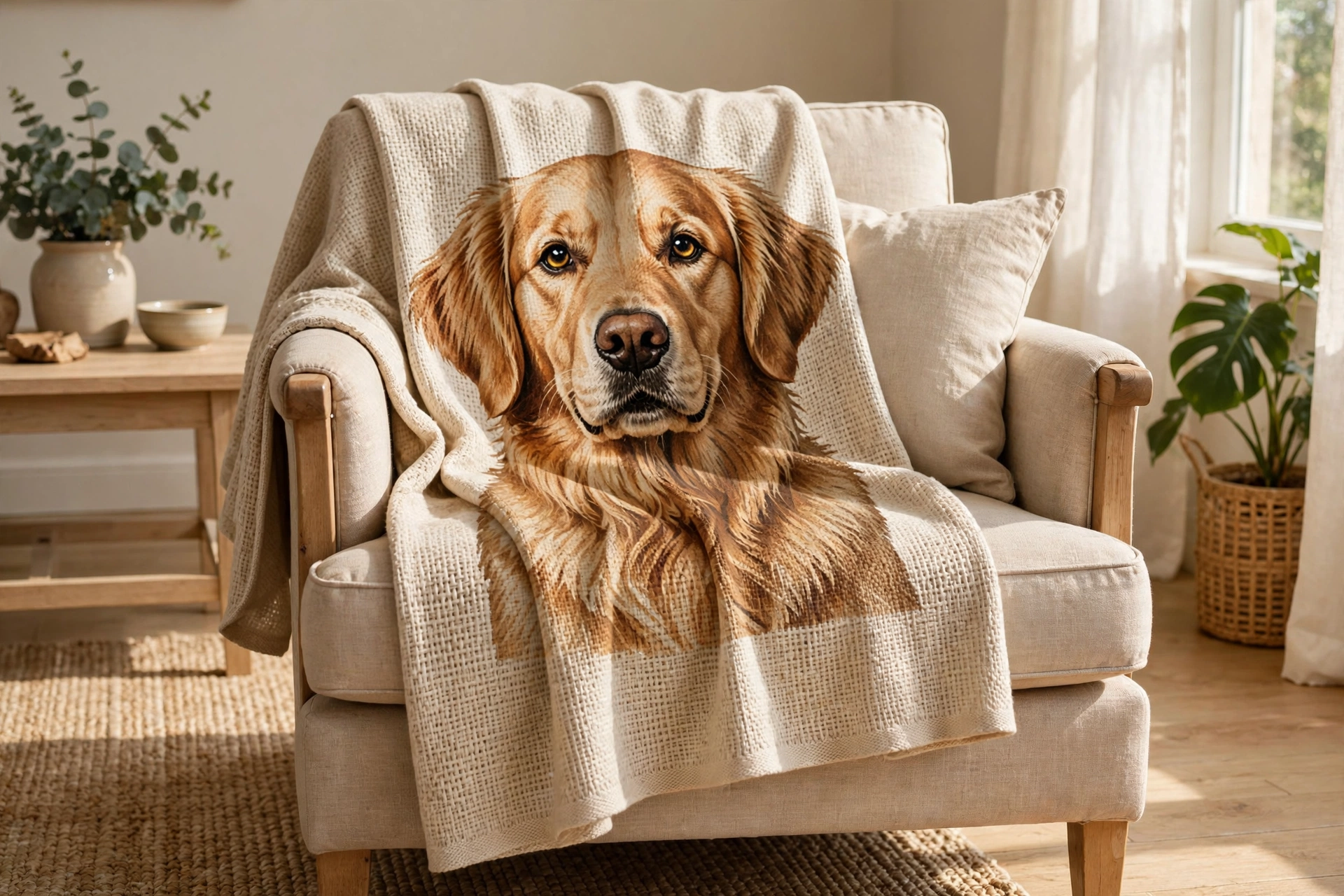 Soft blanket printed with a golden retriever portrait on an armchair