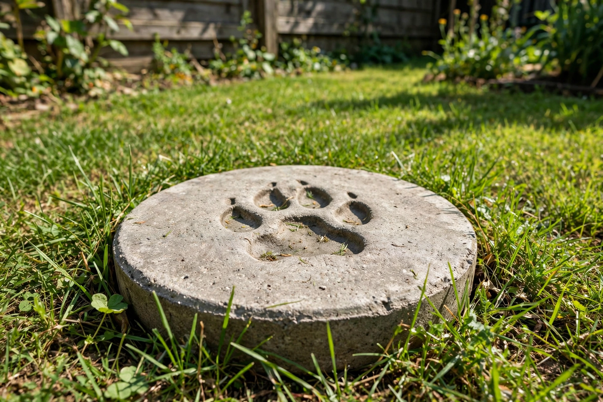 Round concrete garden stepping stone with dog paw print