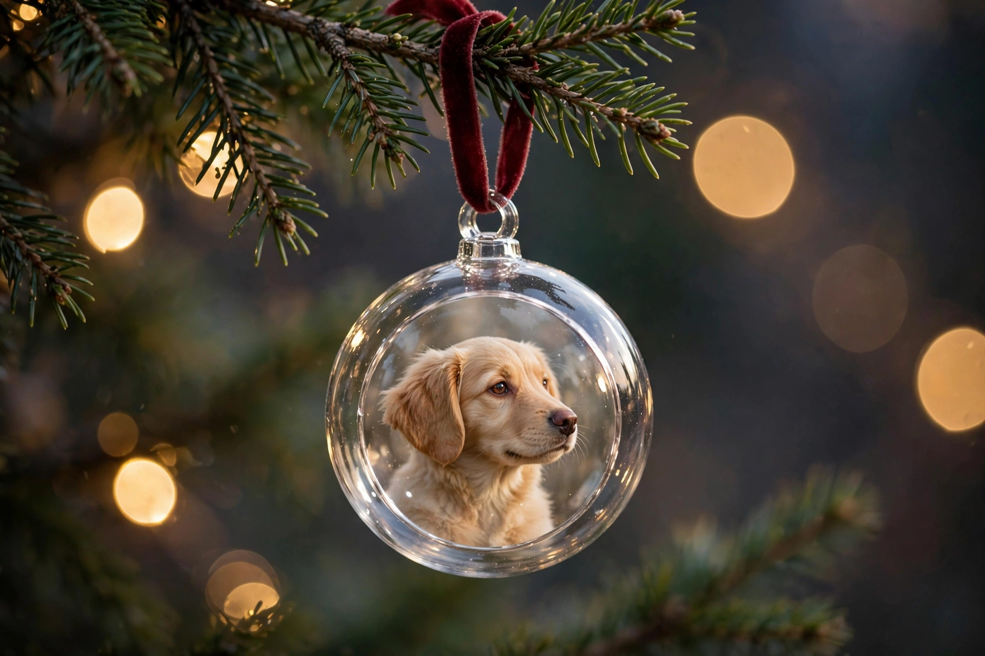 Clear glass photo ornament with a dog picture on an evergreen branch