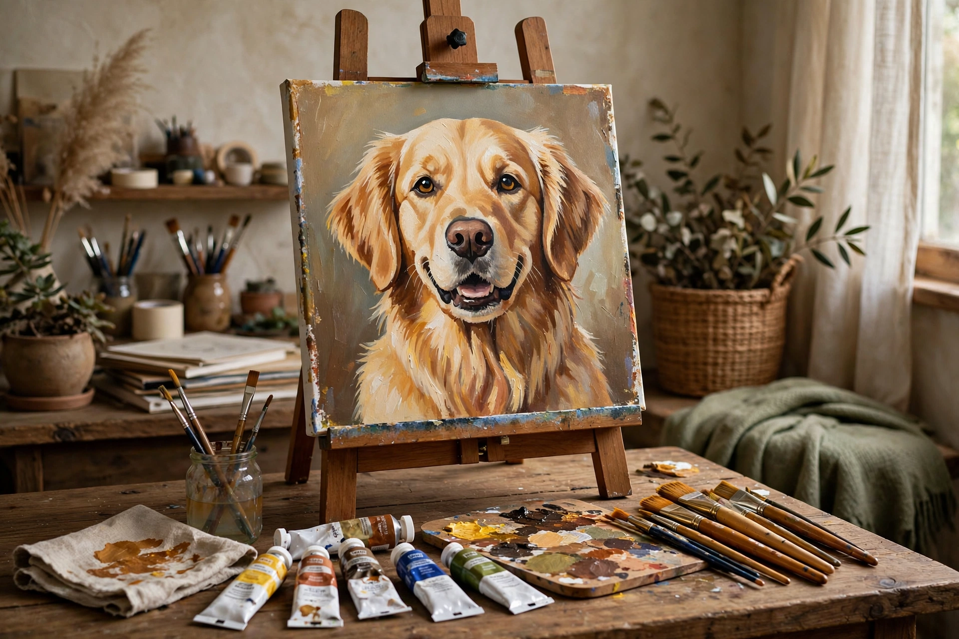 Hand-painted portrait of a golden retriever on a canvas easel