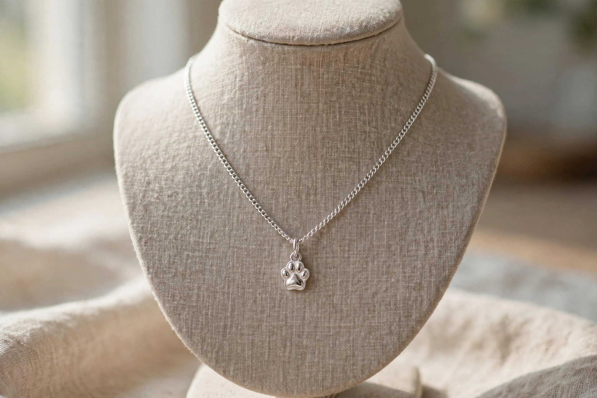 Silver necklace with a paw print charm pendant on a jewelry stand