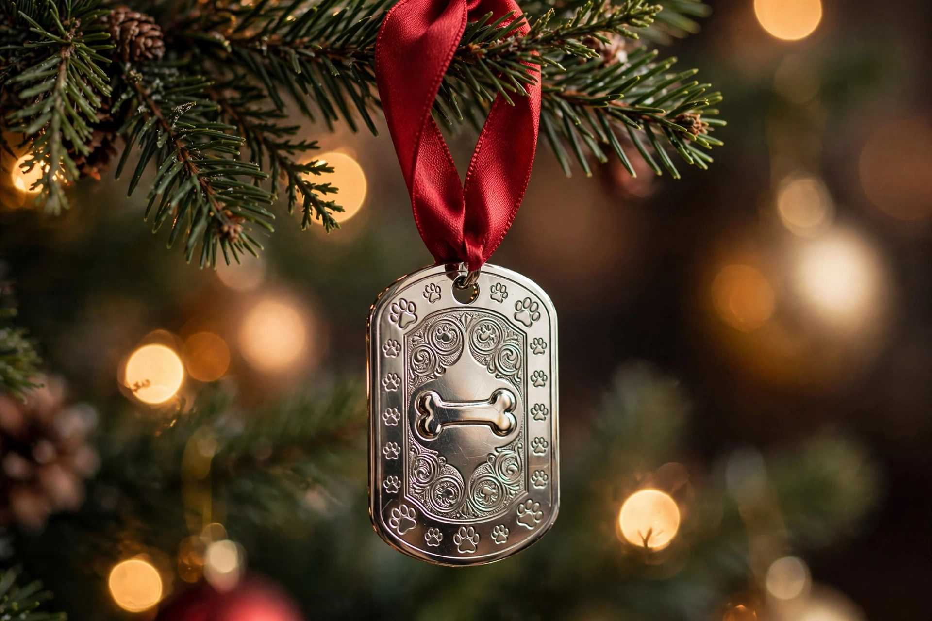 Engraved metal dog tag ornament hanging from a red satin ribbon on a Christmas tree branch