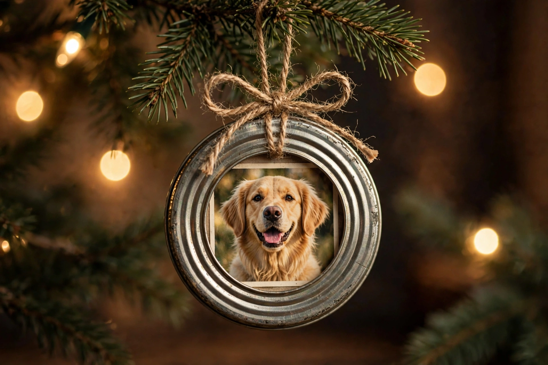 Rustic mason jar lid craft ornament with a small golden retriever photo inside hanging on a Christmas tree