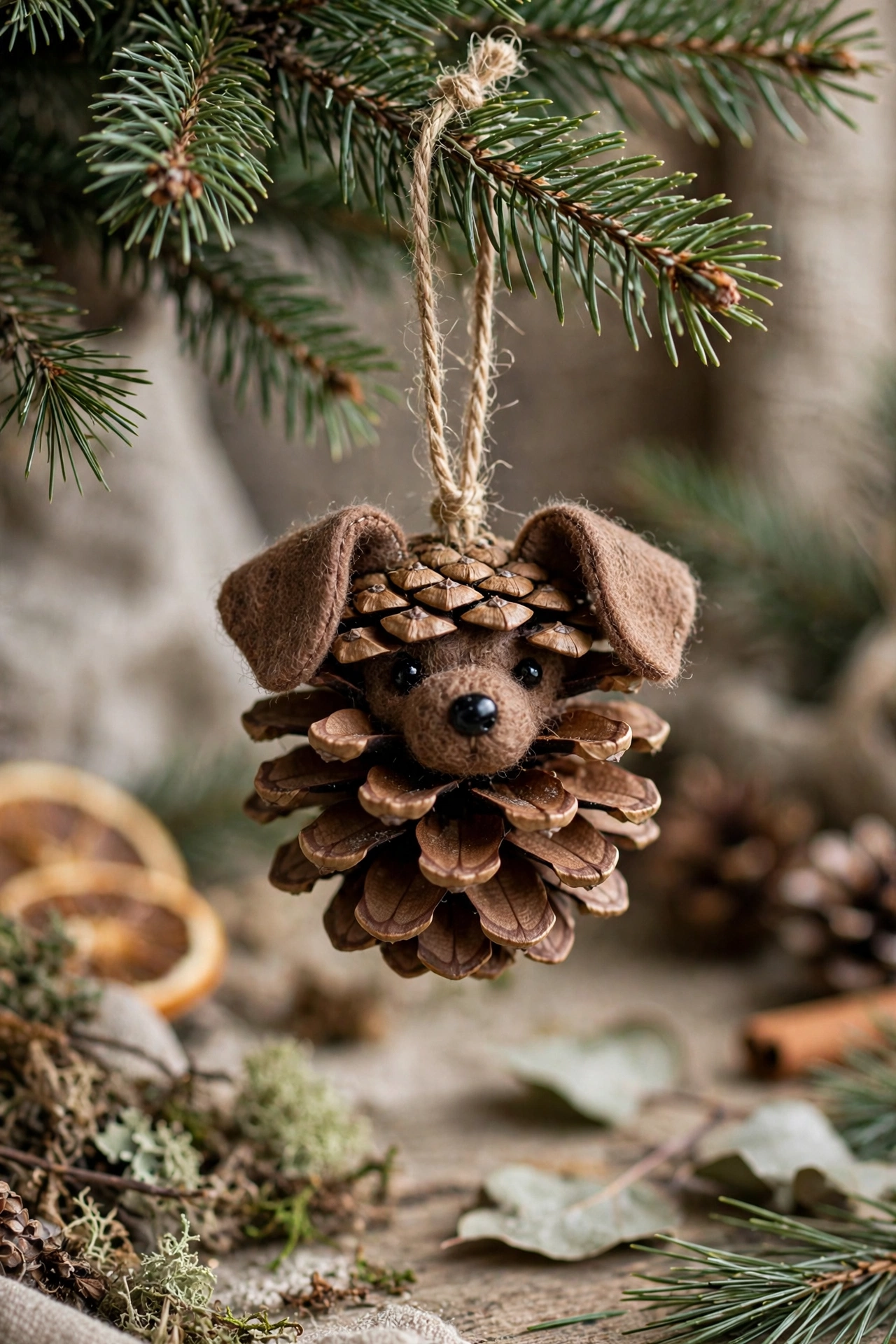 Handmade pinecone dog ornament with felt ears and a bead nose hanging with twine on a Christmas tree