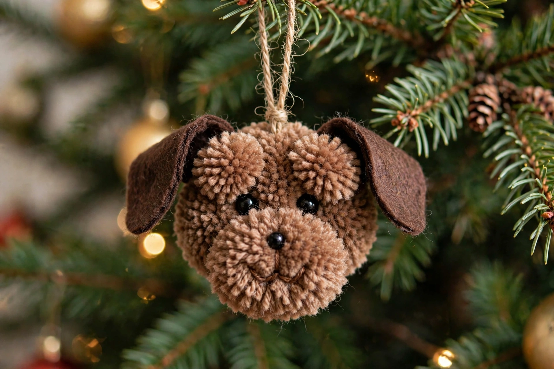 Handmade pom-pom dog face ornament with felt ears and bead eyes hanging on a Christmas tree