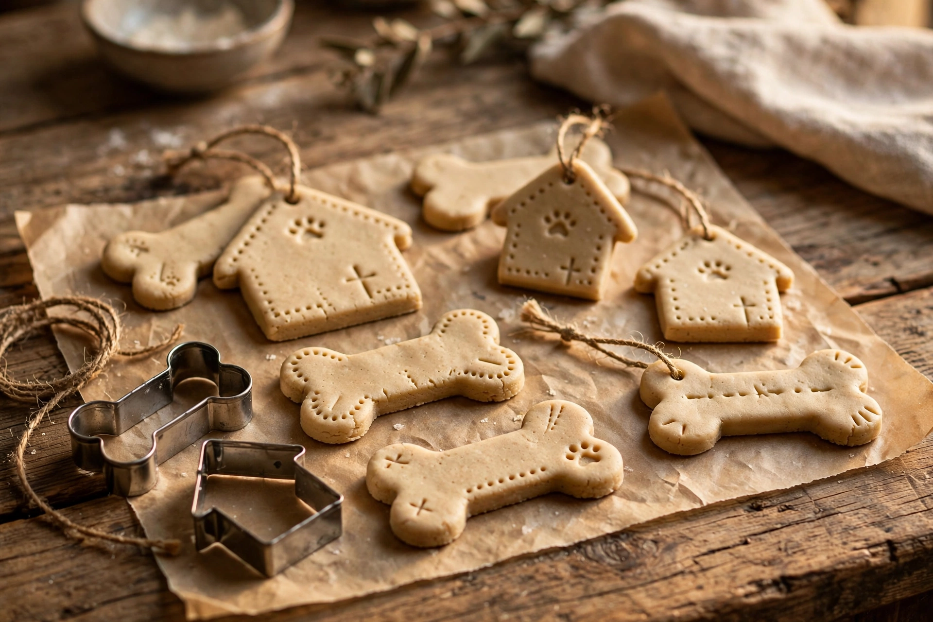 Handmade dough ornaments cut into dog bone and dog house shapes drying on parchment paper