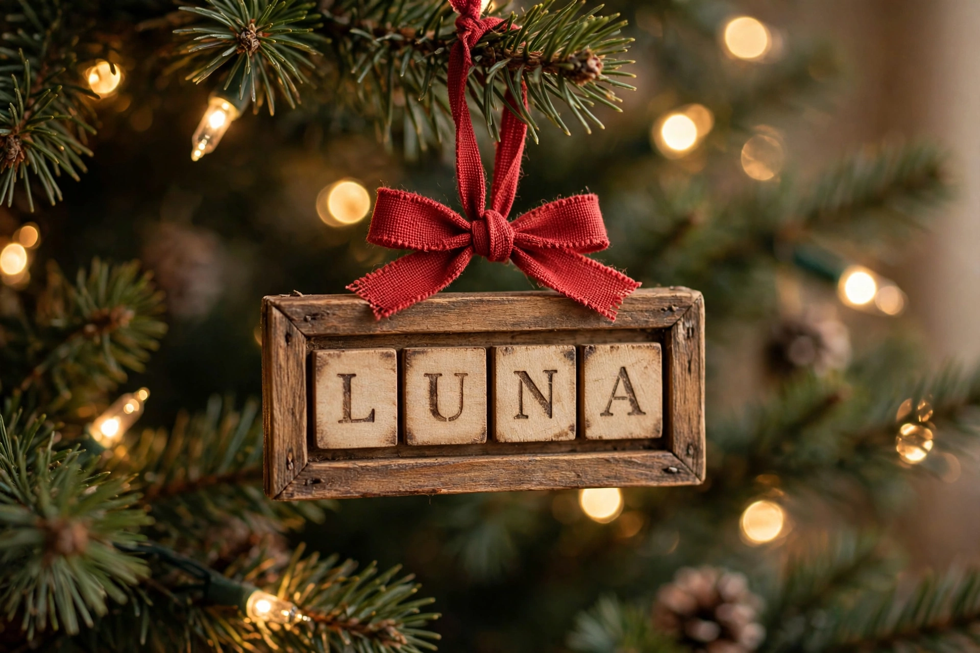 Handmade wooden letter tile ornament spelling out a pet name tied with red ribbon on a Christmas tree
