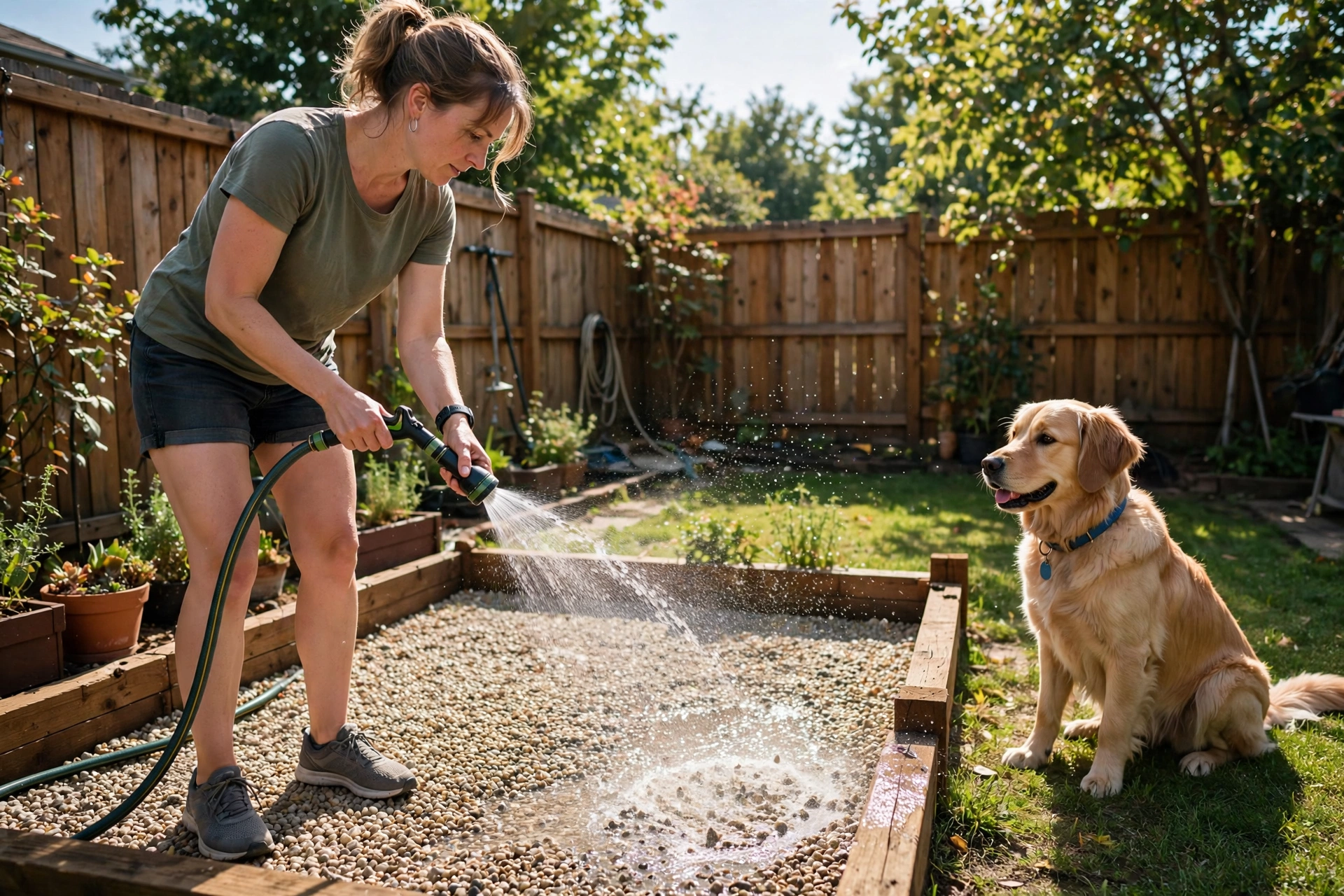 Person hosing down a gravel dog potty area for cleaning