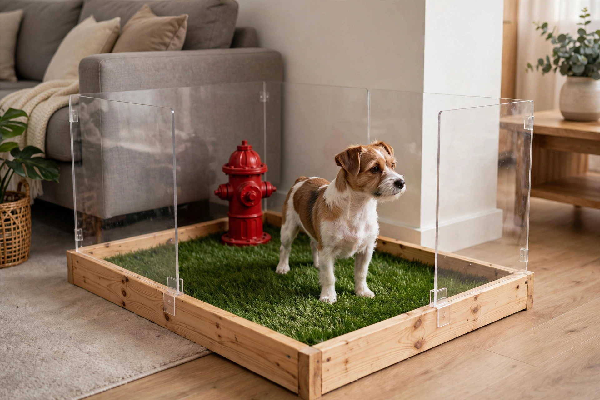 Indoor dog potty station with artificial grass in a wooden frame