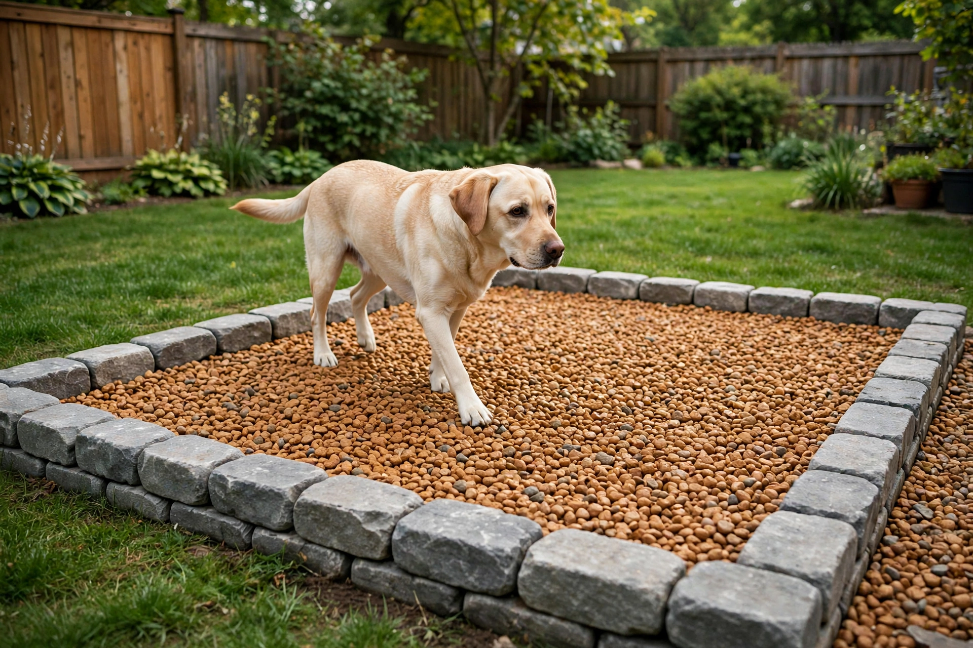 Pea gravel dog potty area with tumbled stone border