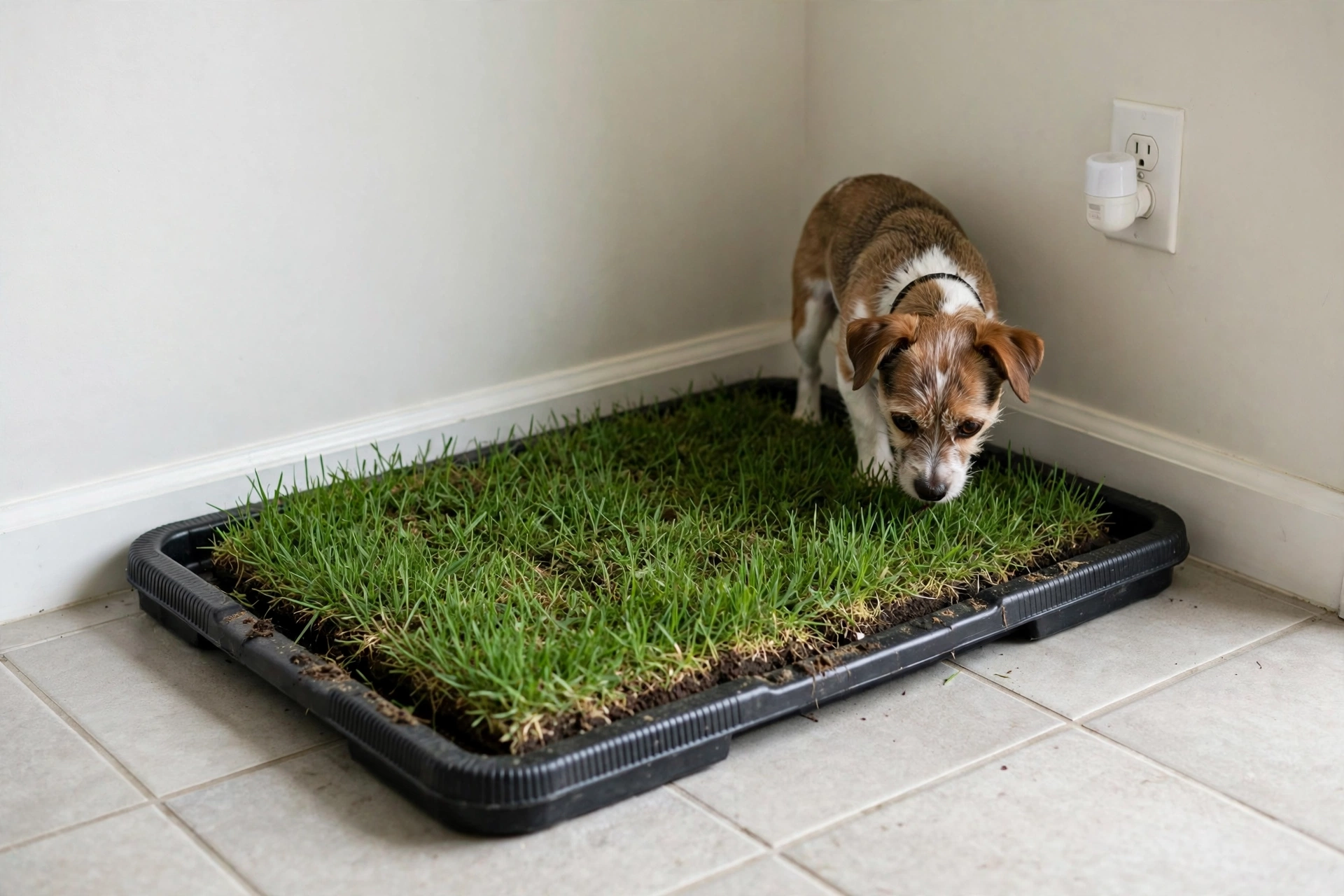 Real grass dog potty area grown from seed in a tray corner